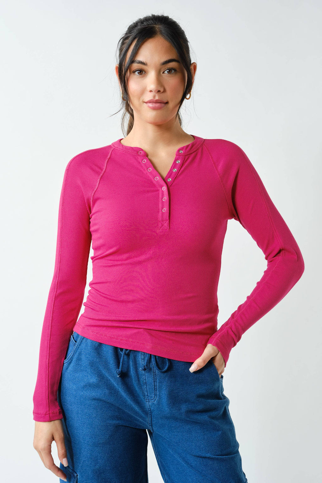 Essential Long-Sleeved Micro-Ribbed Henley Top: NATURAL