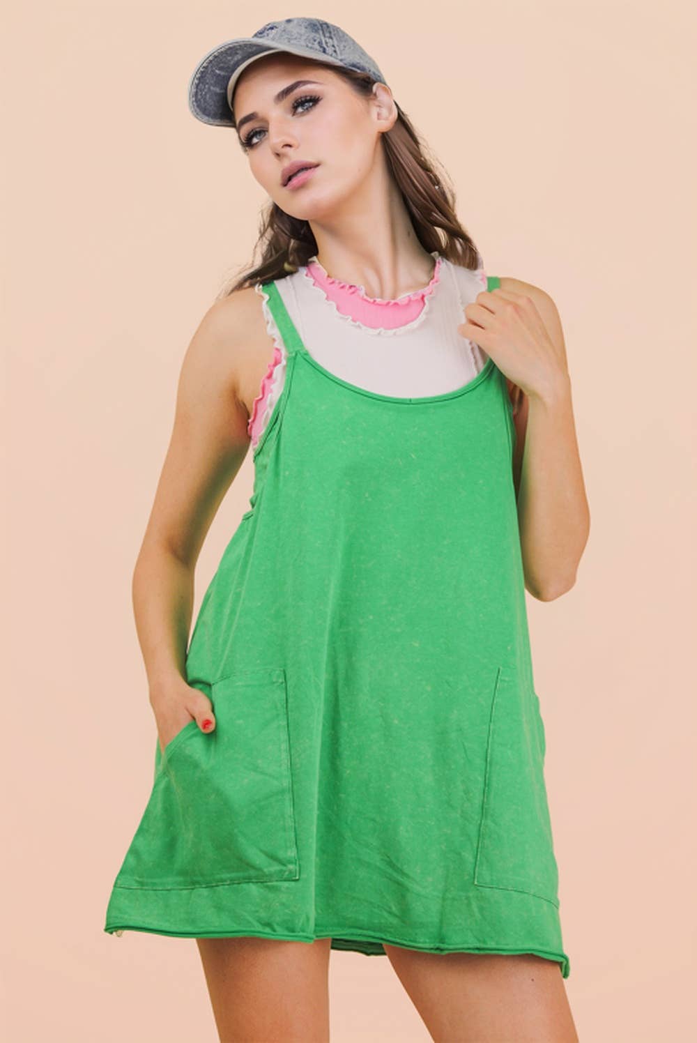 Mineral Washed Knit Mini Dress with Shorts Inside : HOT PINK