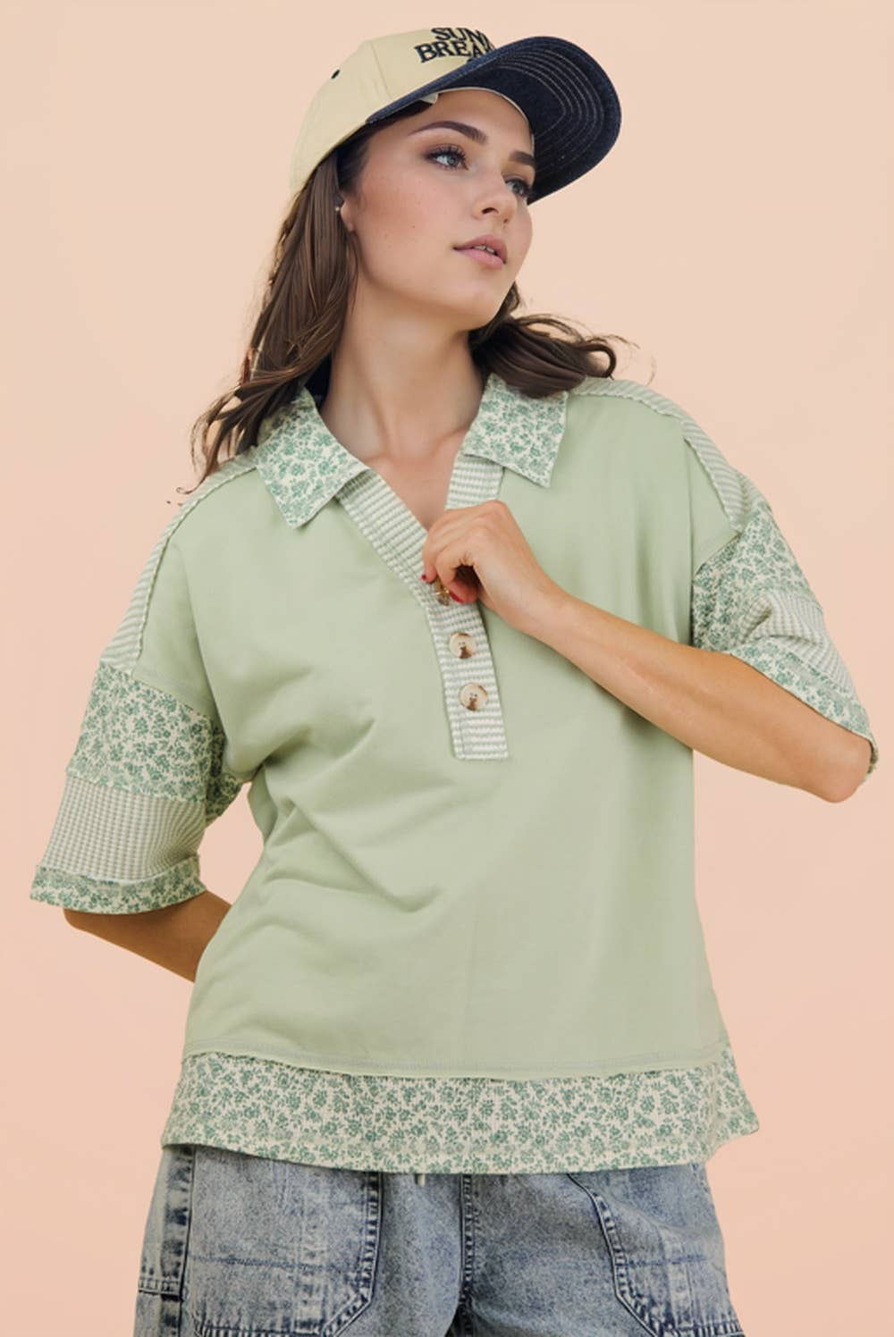 Oversized Half Button Down Collared Knit Top: SAGE