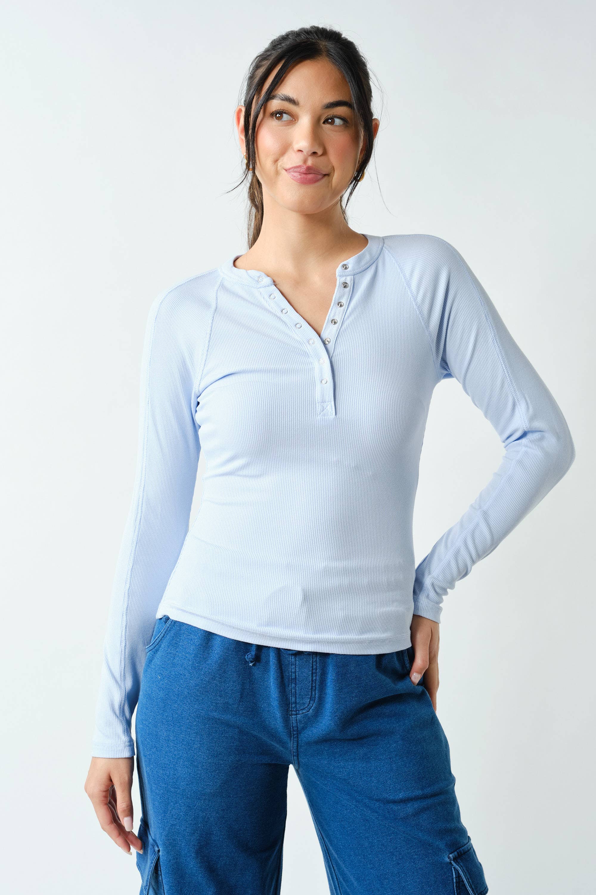 Essential Long-Sleeved Micro-Ribbed Henley Top: NATURAL