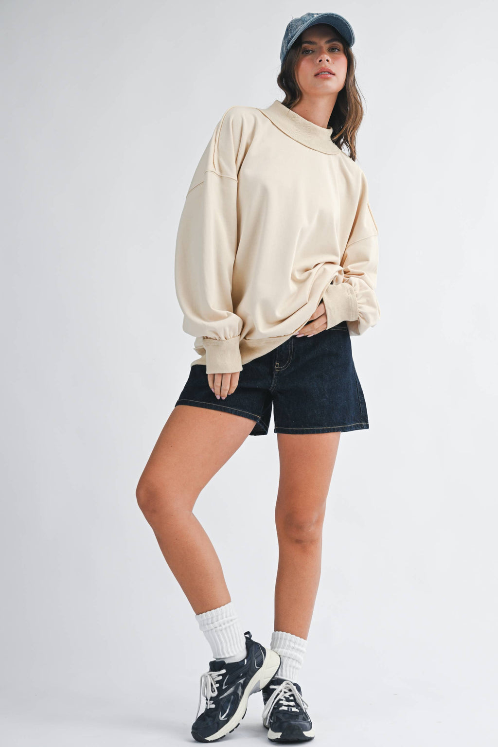 Oversized Mock Neck Washed Sweatshirt: Electric Pink