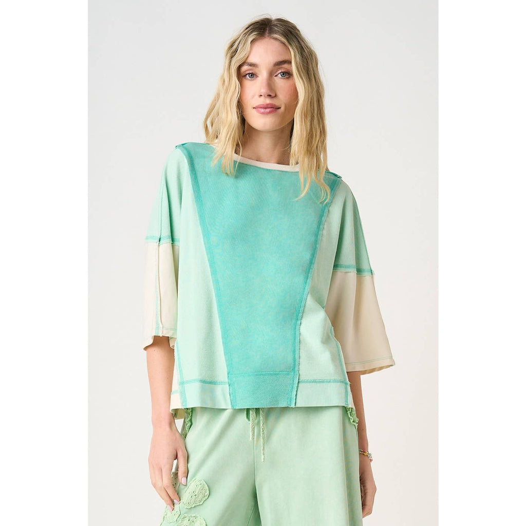 MINERAL WASH COLOR BLOCK RELAXED FIT SHORT SLEEVE TOP: SEAGLOW