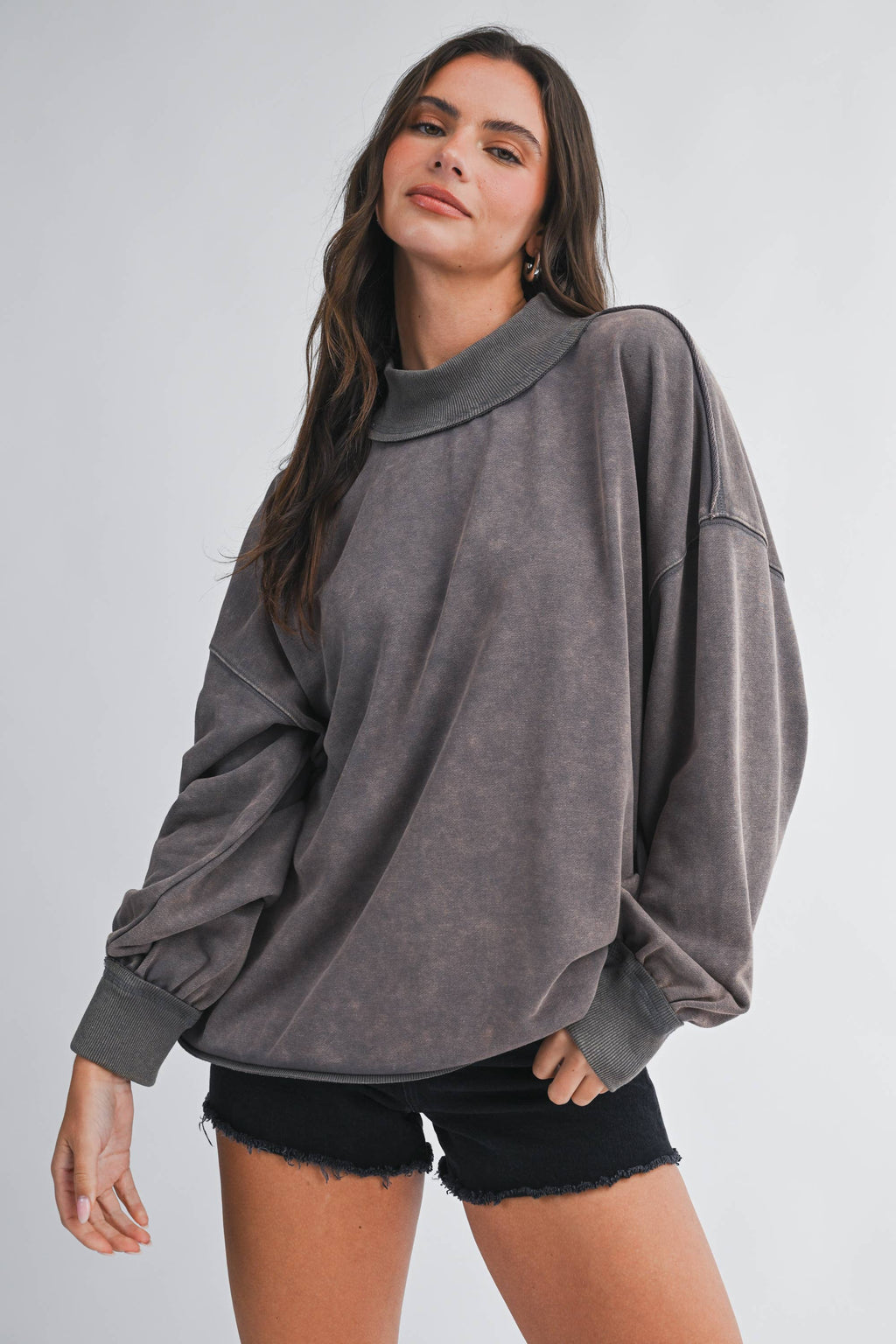 Oversized Mock Neck Washed Sweatshirt: Electric Pink