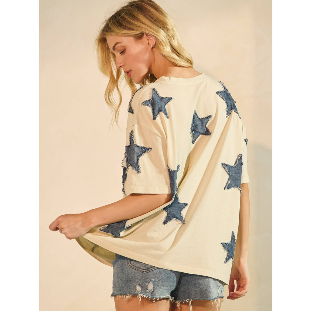 STARLIT DENIM APPLIQUE TEE DUSTY PINK