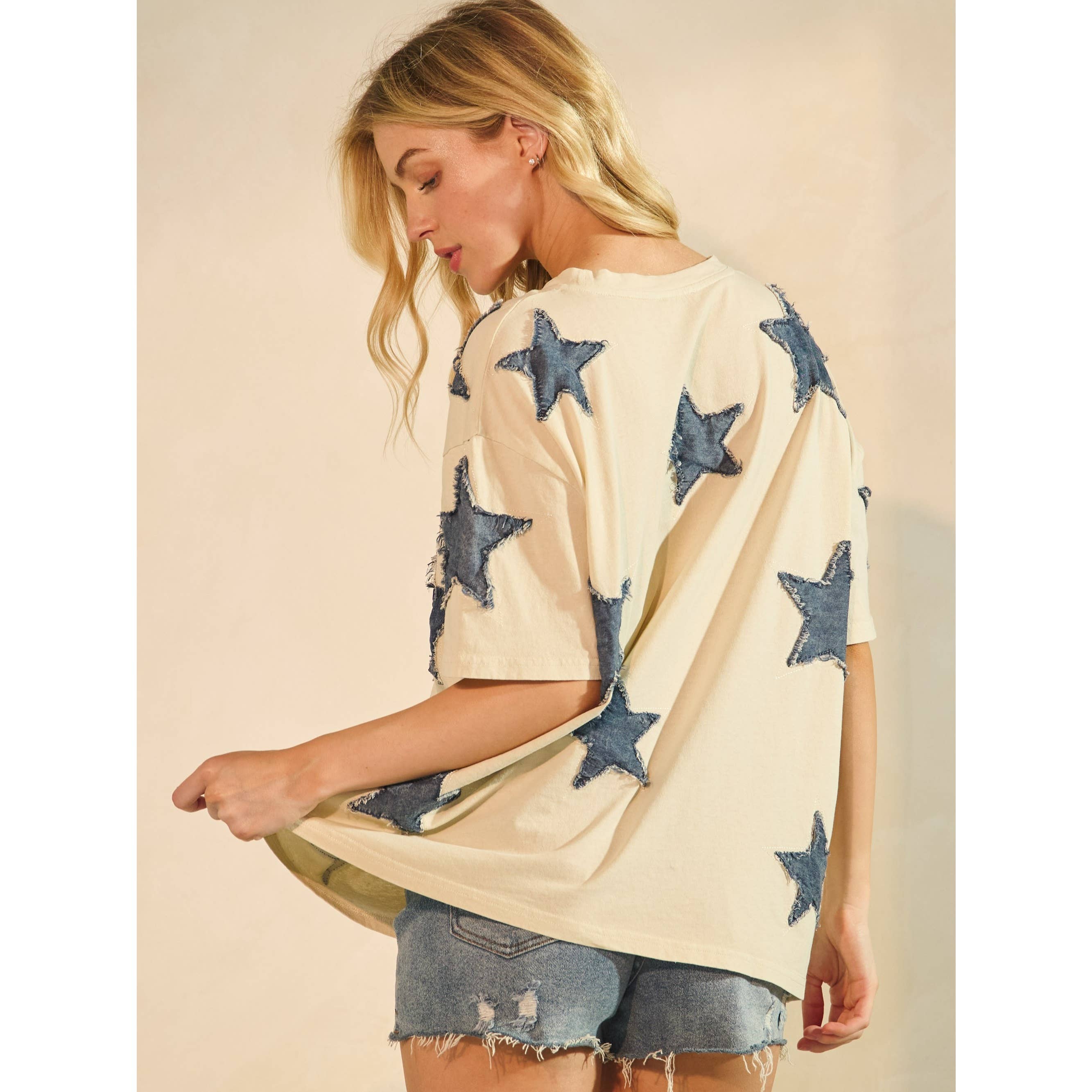 STARLIT DENIM APPLIQUE TEE DUSTY PINK