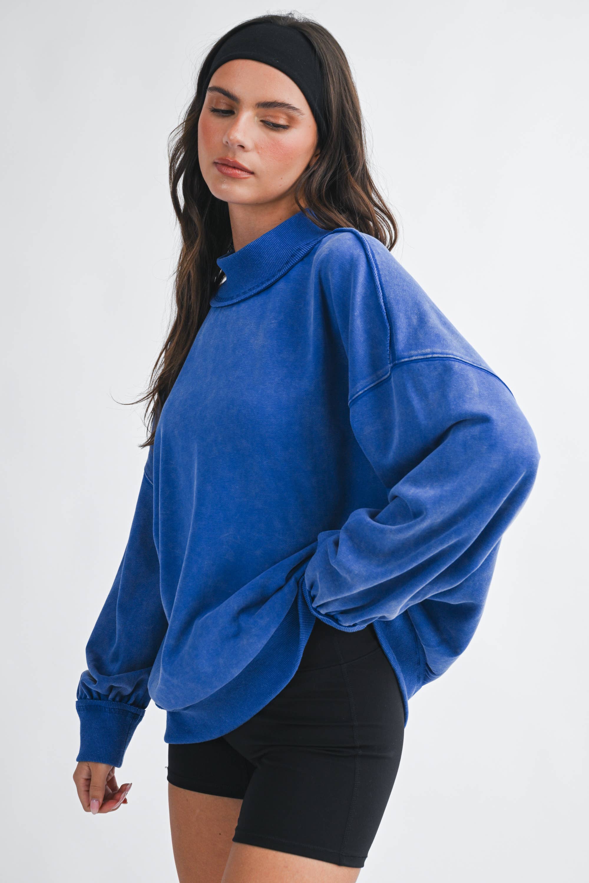 Oversized Mock Neck Washed Sweatshirt: Electric Pink