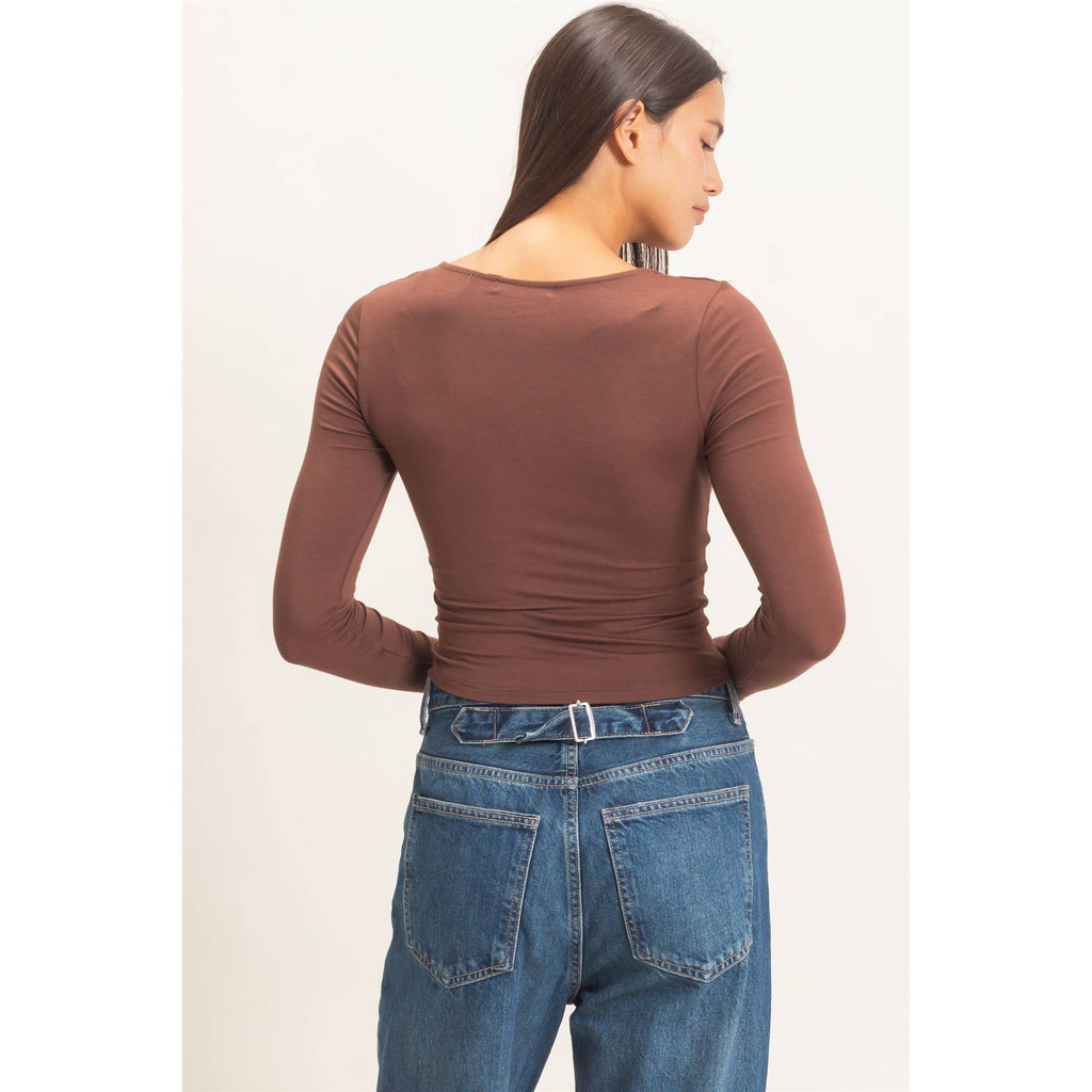 Scoop Neck Long Sleeve Top: DARK BROWN