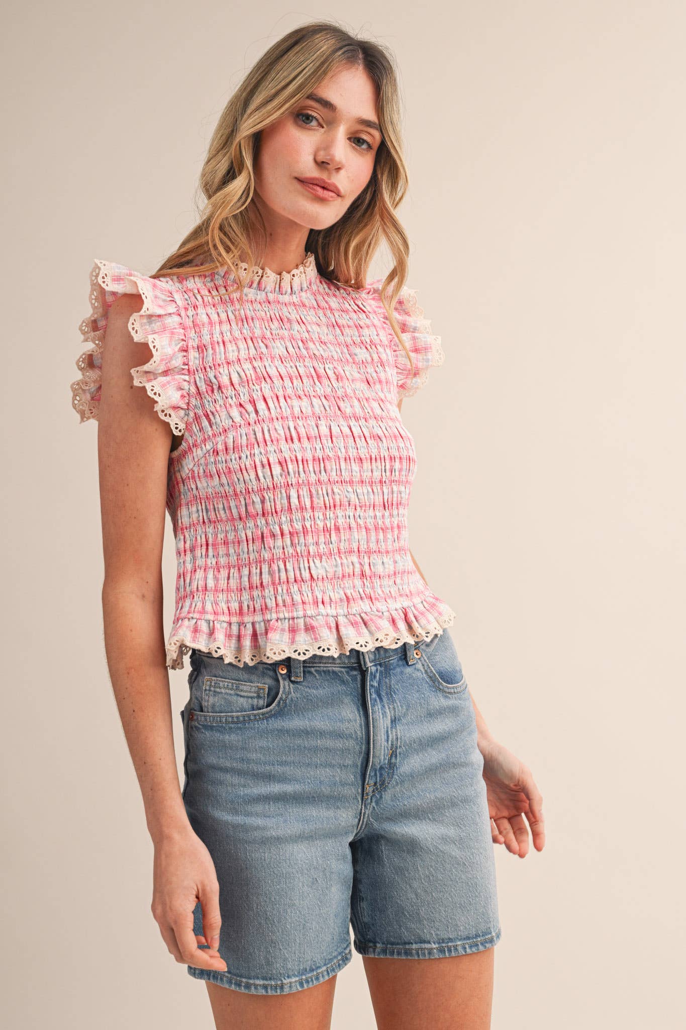 PLAID SMOCKED LACE TRIM TOP: BLUE MULTI CHECKER