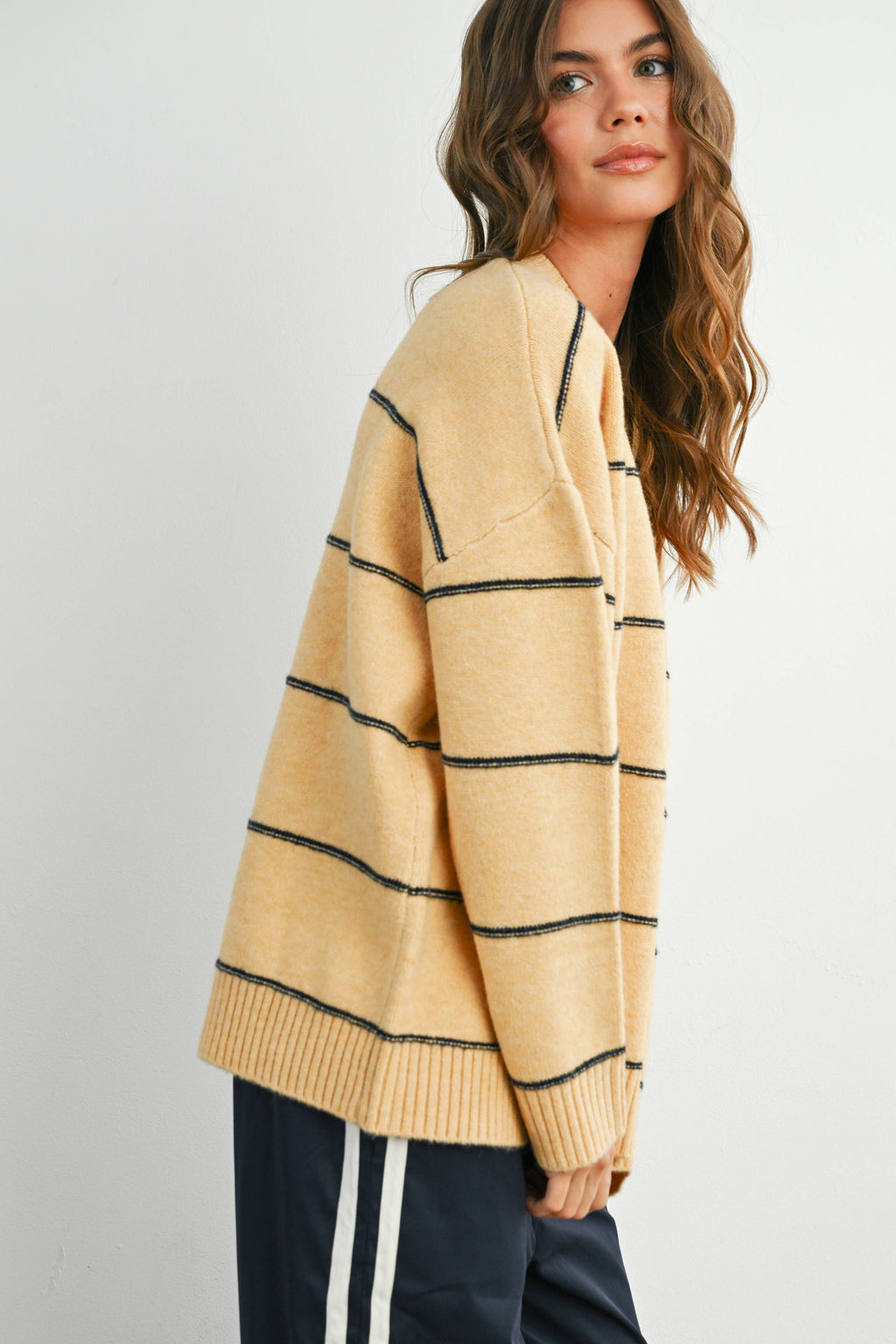 Striped Pattern Drop Shoulder Sweater - BMW7421: TAUPE MULTI / M