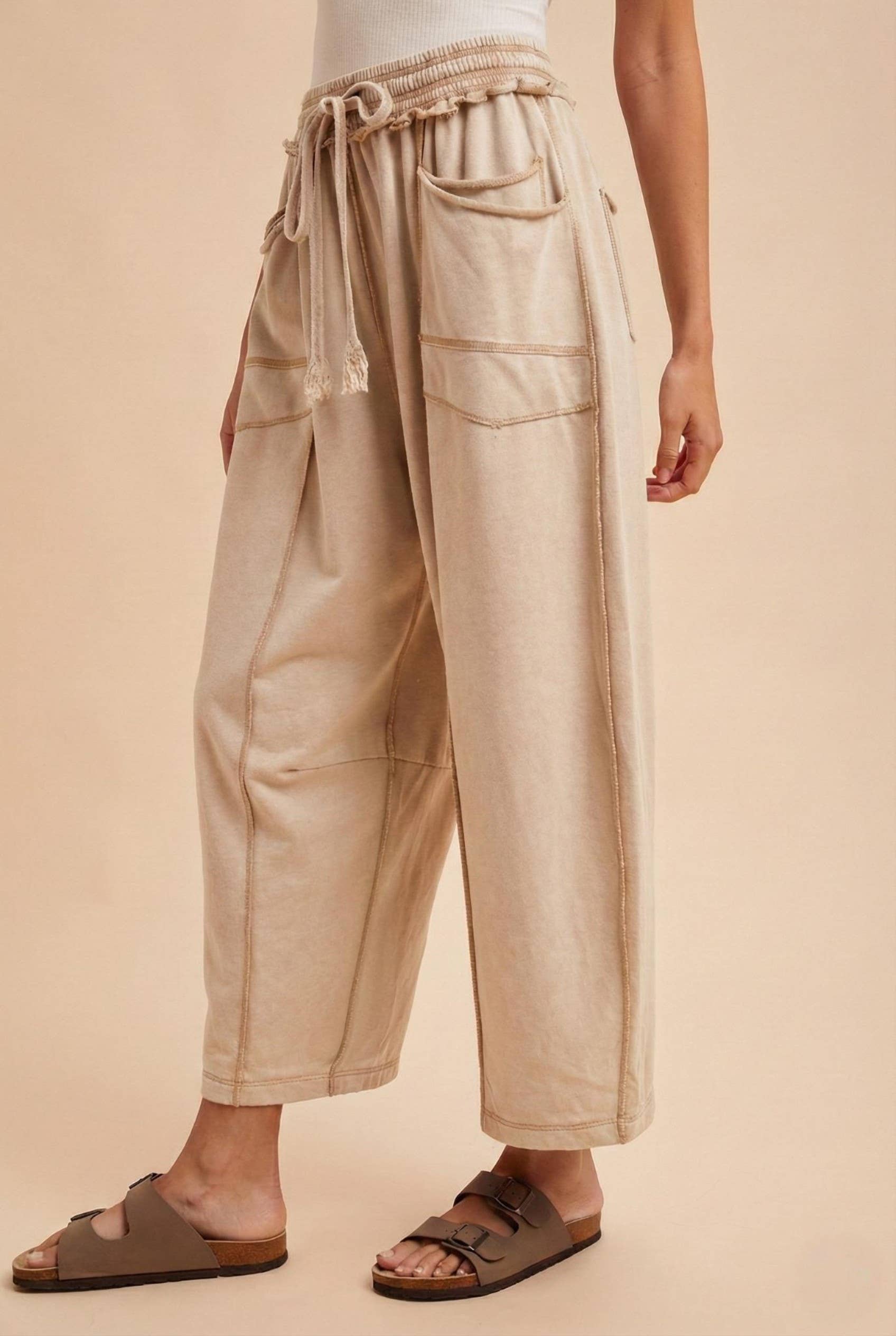 Mineral Wash Barrel Fit Utility Knit Pants: OATMEAL