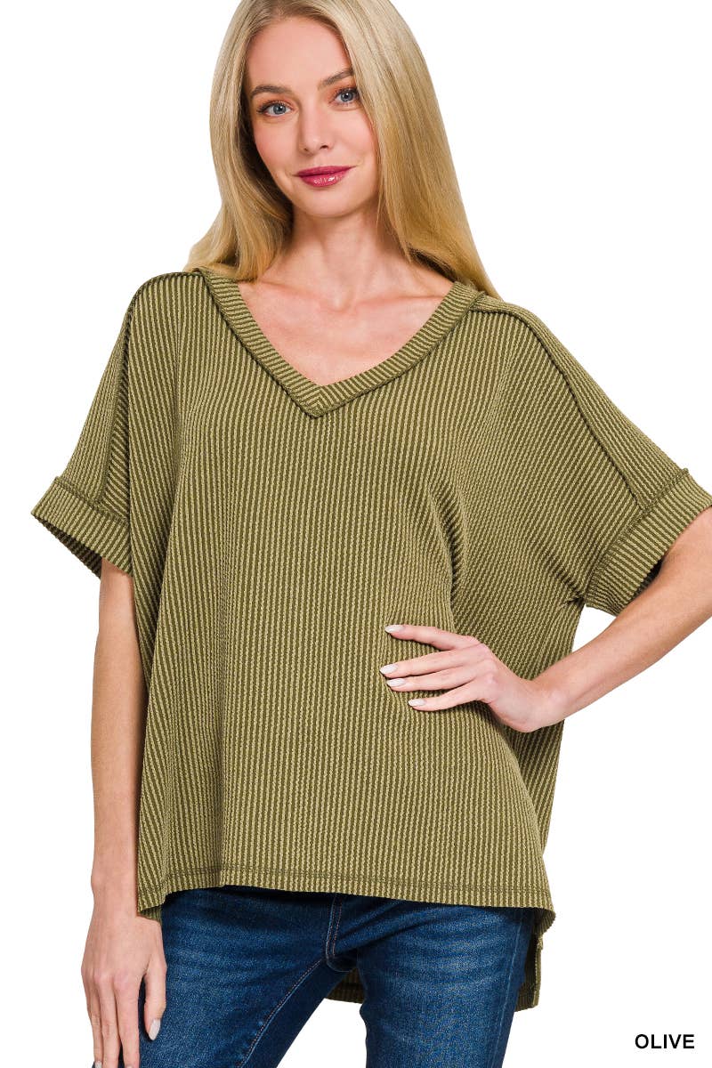 Corded Rib Short Sleeve Hi Low V Neck Top: BRIGHT BLUE
