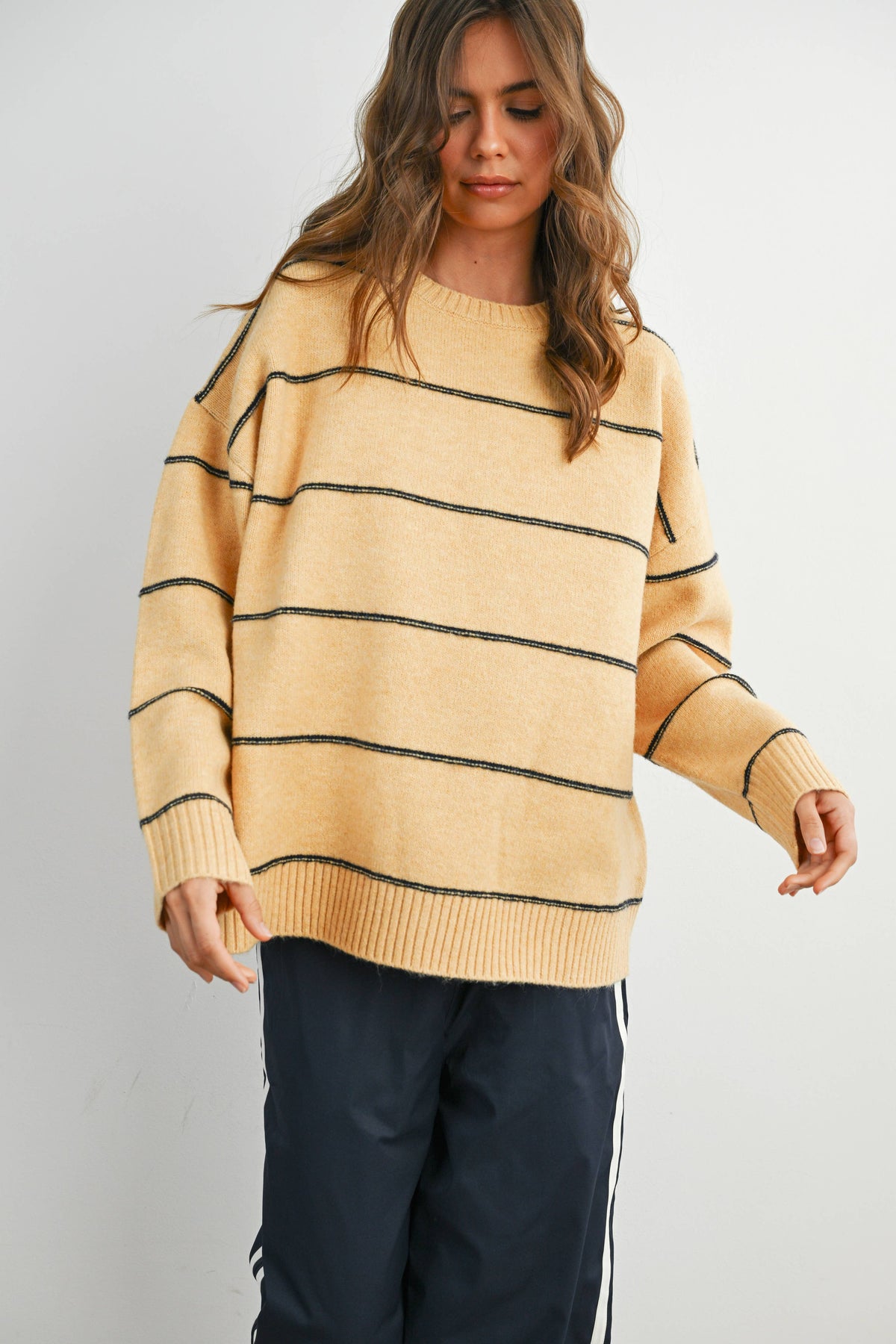 Striped Pattern Drop Shoulder Sweater - BMW7421: TAUPE MULTI / M
