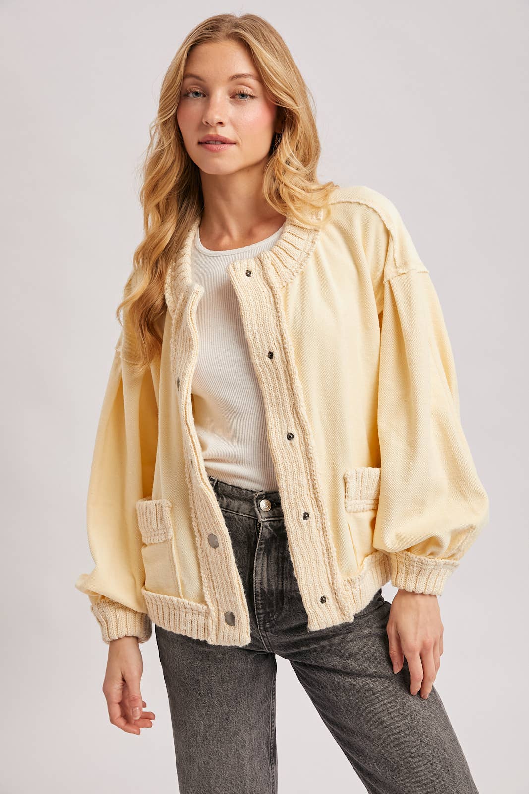 BUTTON DOWN RIBBED KNIT TRIM CARDIGAN