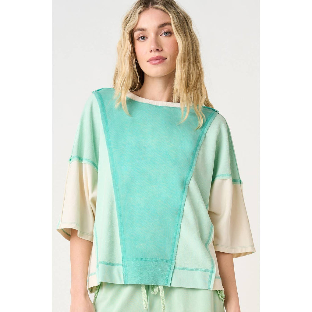 MINERAL WASH COLOR BLOCK RELAXED FIT SHORT SLEEVE TOP: SEAGLOW