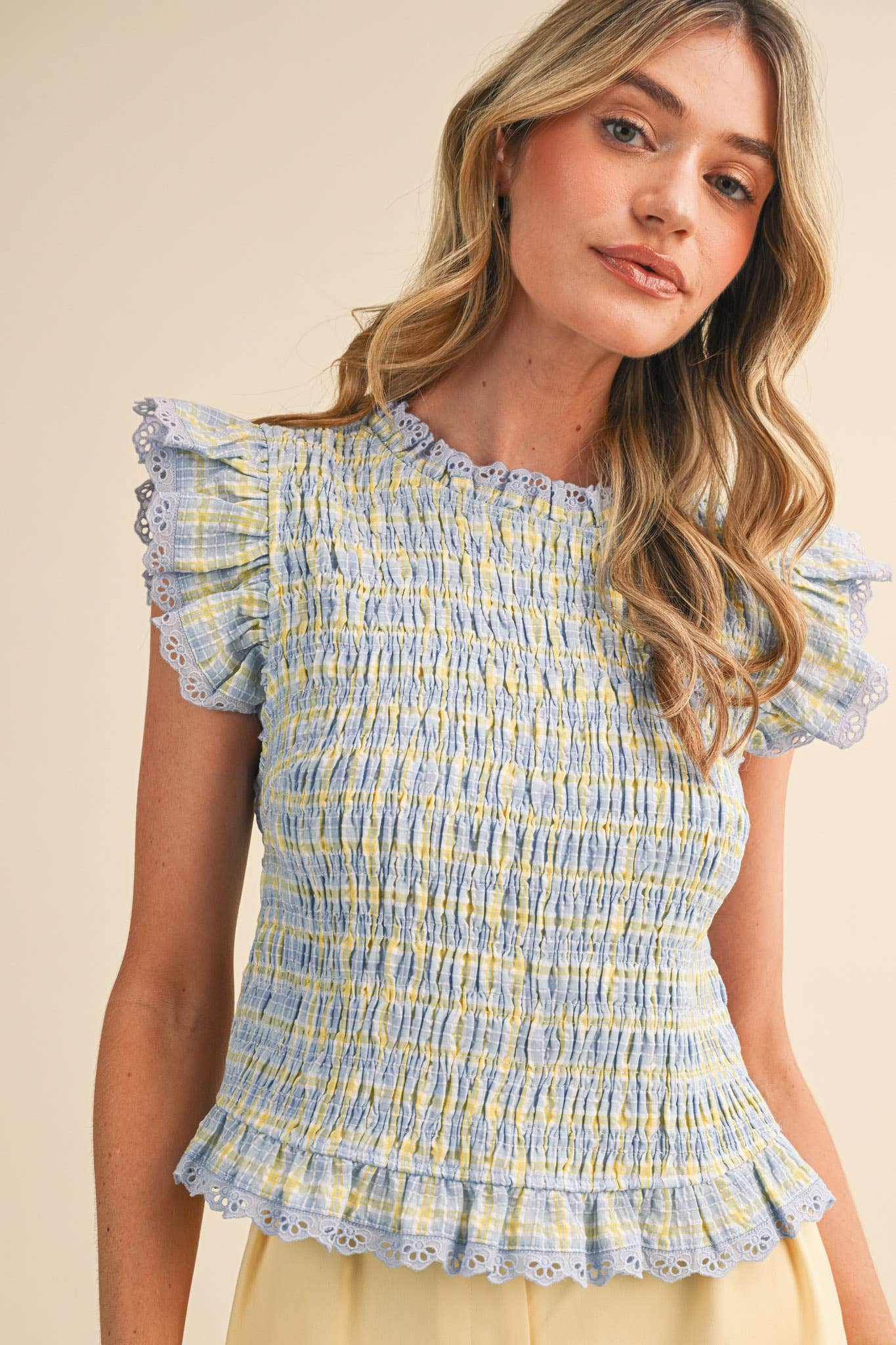 PLAID SMOCKED LACE TRIM TOP: BLUE MULTI CHECKER