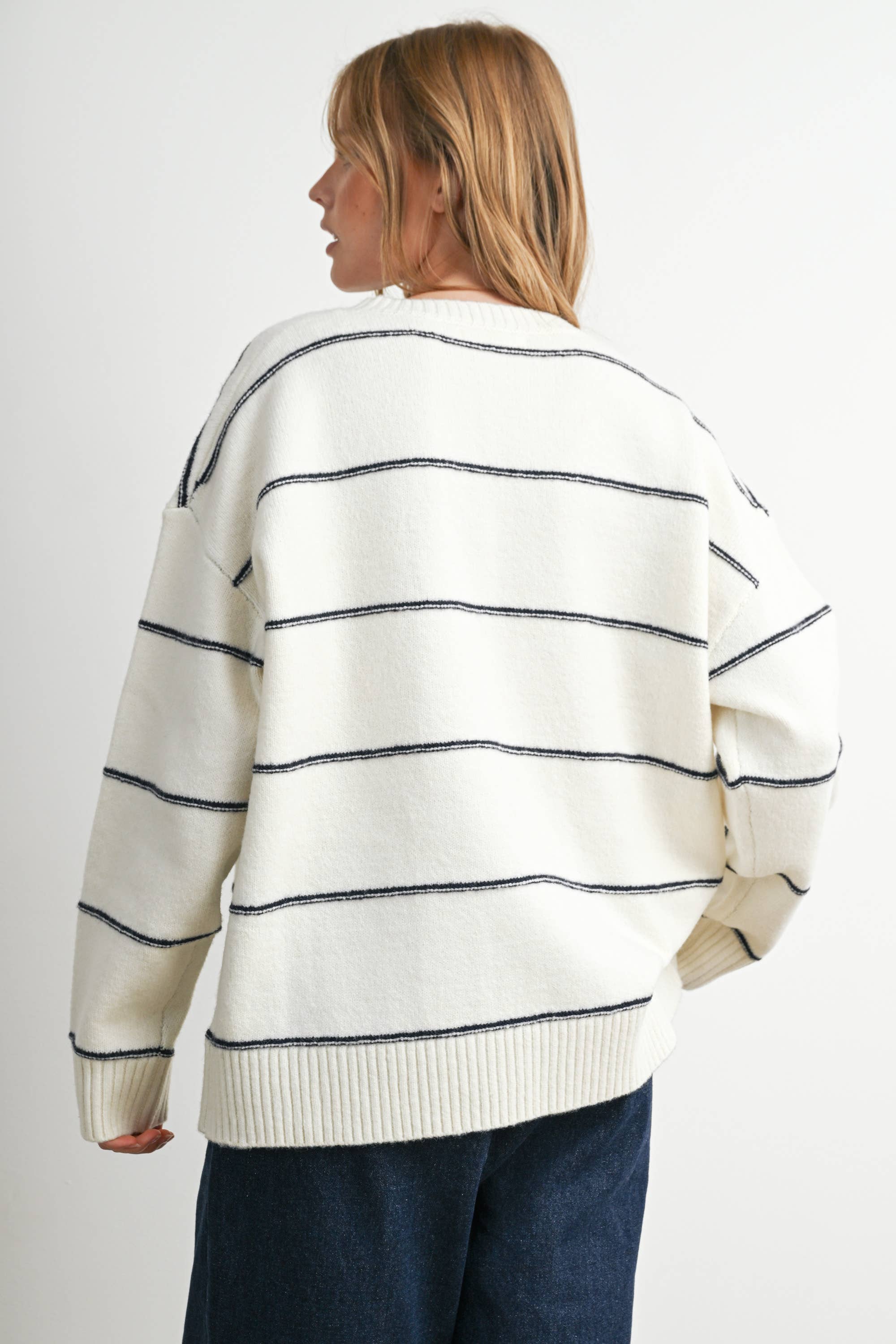 Striped Pattern Drop Shoulder Sweater - BMW7421: TAUPE MULTI / M