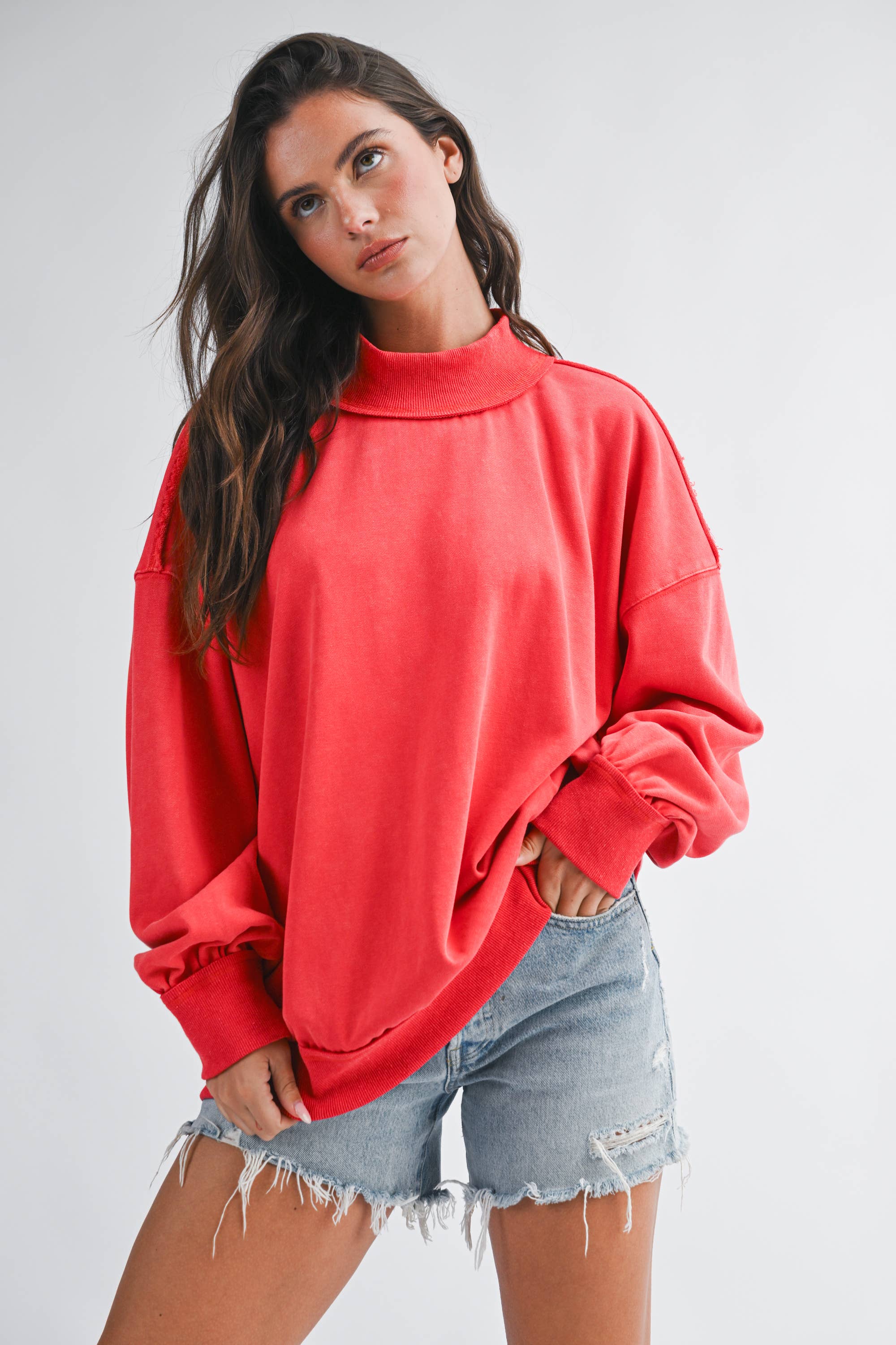 Oversized Mock Neck Washed Sweatshirt: Electric Pink
