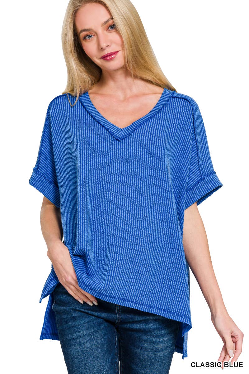 Corded Rib Short Sleeve Hi Low V Neck Top: BRIGHT BLUE
