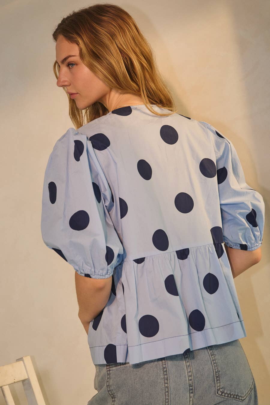 Polka Dot Printed Puffed Sleeve Blouse: White-Black / S