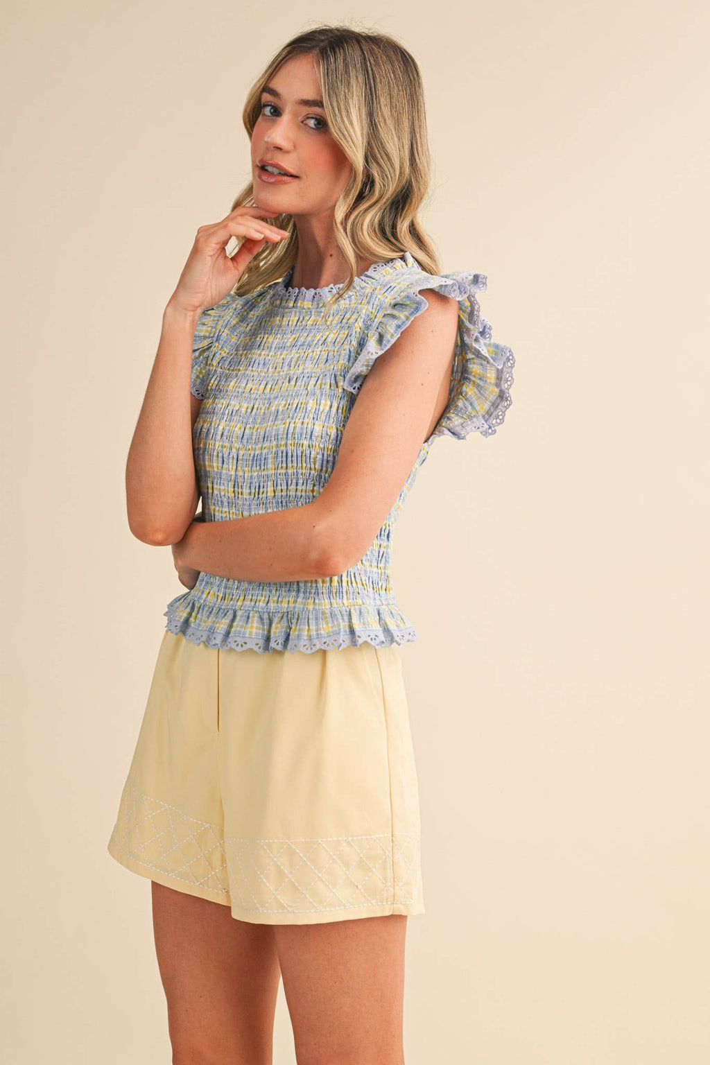 PLAID SMOCKED LACE TRIM TOP: BLUE MULTI CHECKER