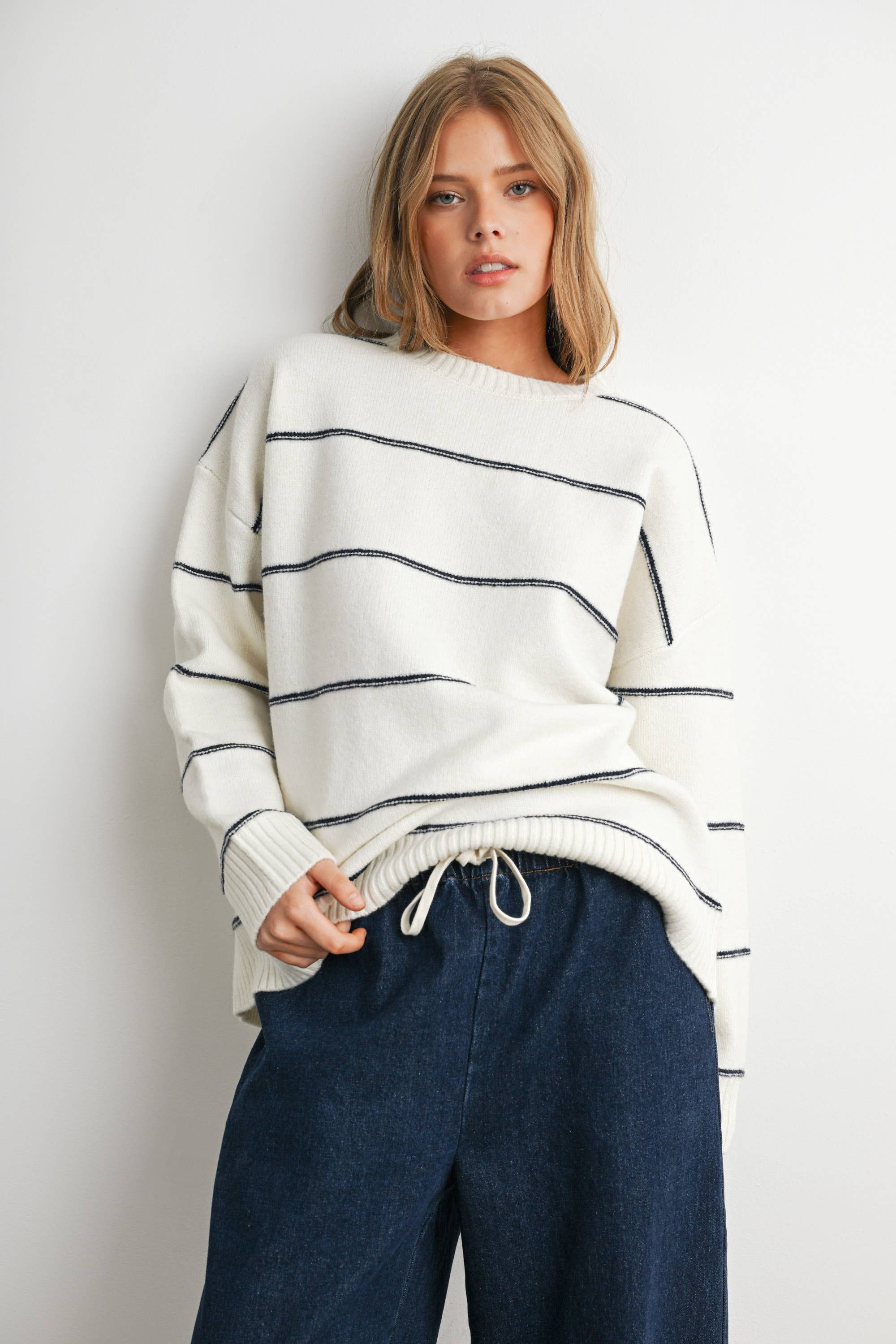 Striped Pattern Drop Shoulder Sweater - BMW7421: TAUPE MULTI / M