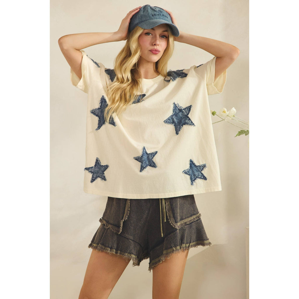 STARLIT DENIM APPLIQUE TEE DUSTY PINK