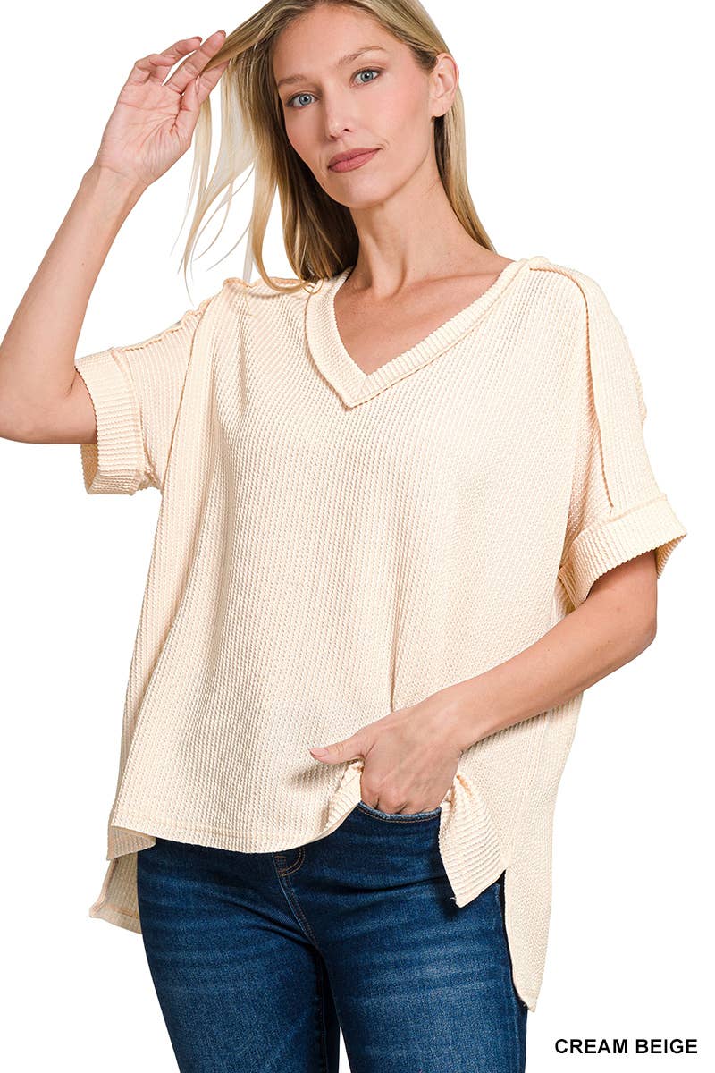 Corded Rib Short Sleeve Hi Low V Neck Top: BRIGHT BLUE