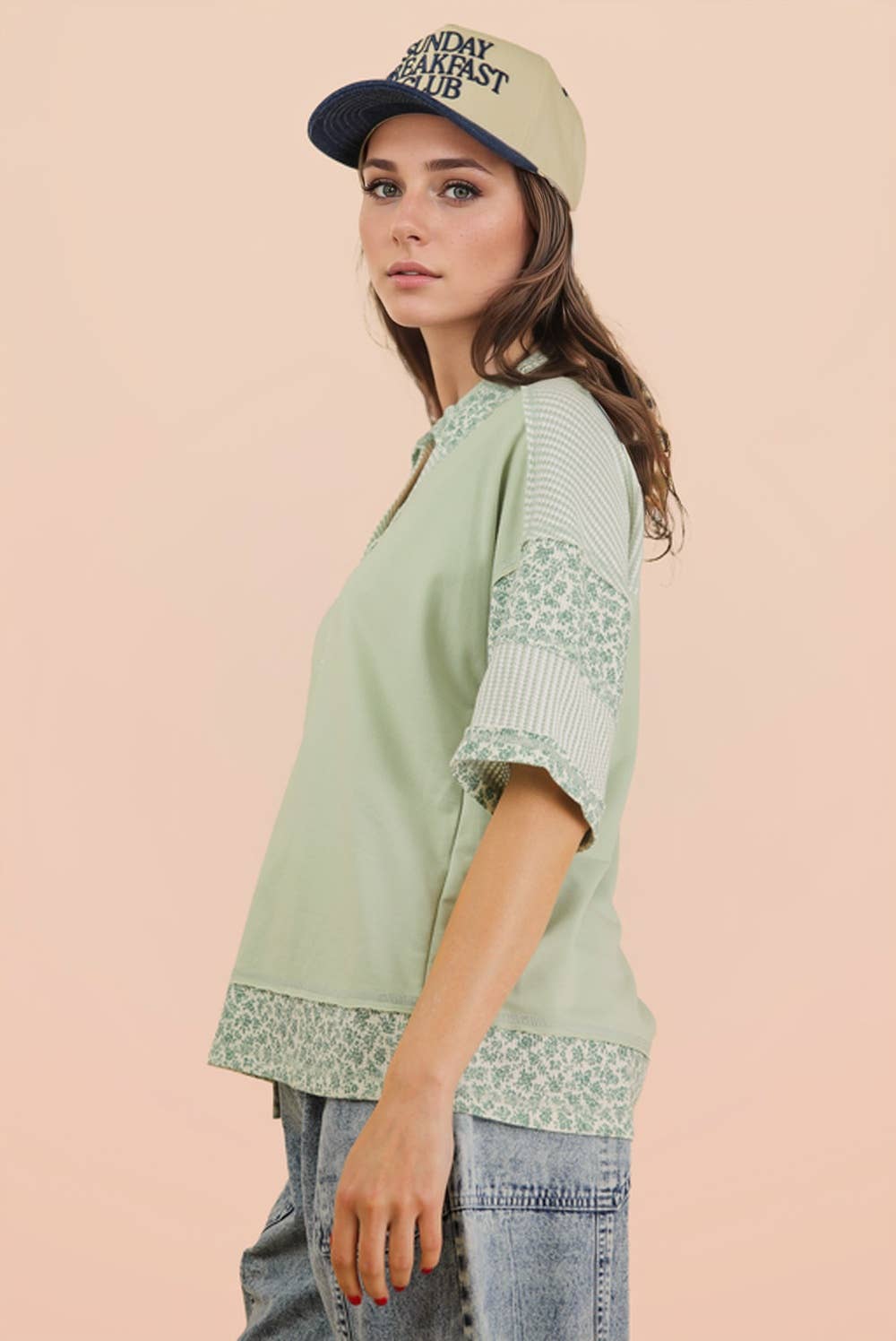 Oversized Half Button Down Collared Knit Top: SAGE