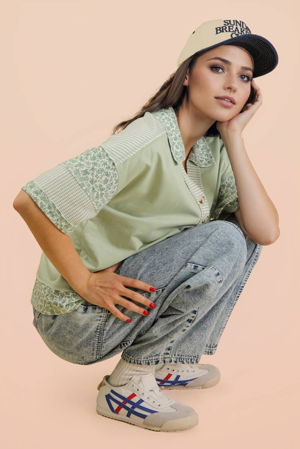Oversized Half Button Down Collared Knit Top: SAGE
