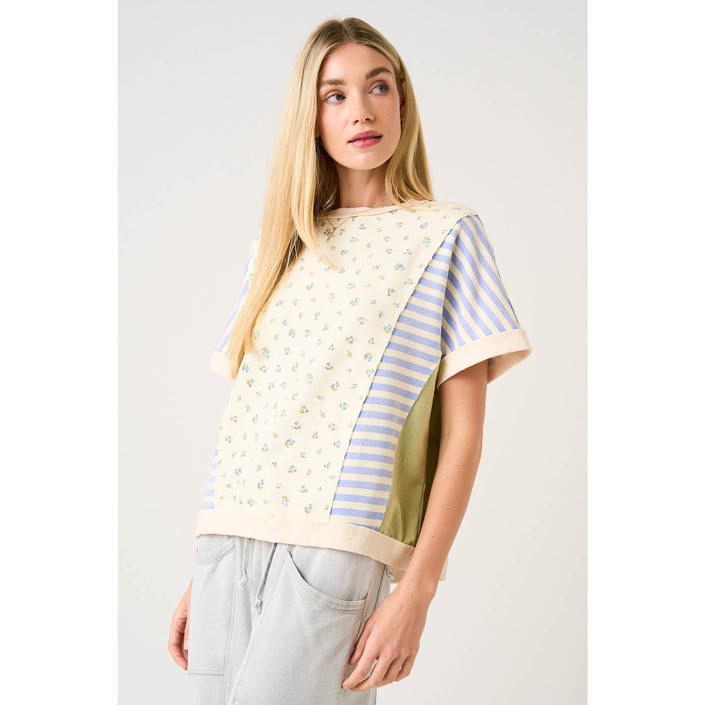 PATCHWORK COLOR BLOCK SHORT SLEEVE TOP: CREAM