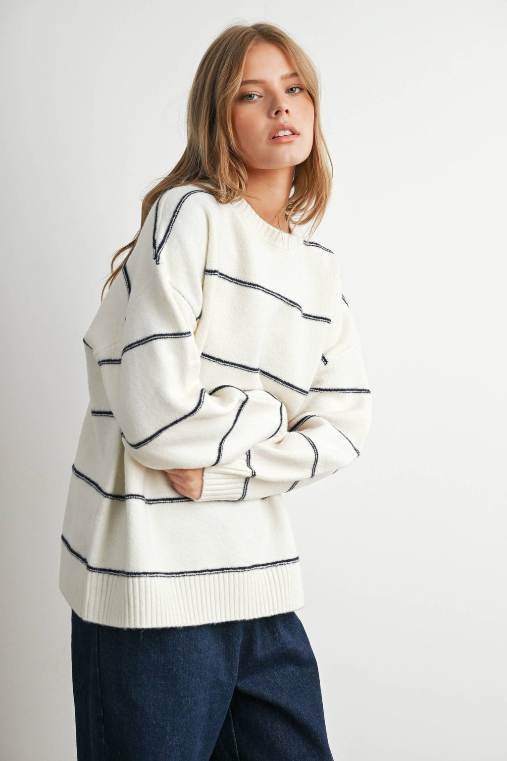 Striped Pattern Drop Shoulder Sweater - BMW7421: TAUPE MULTI / M