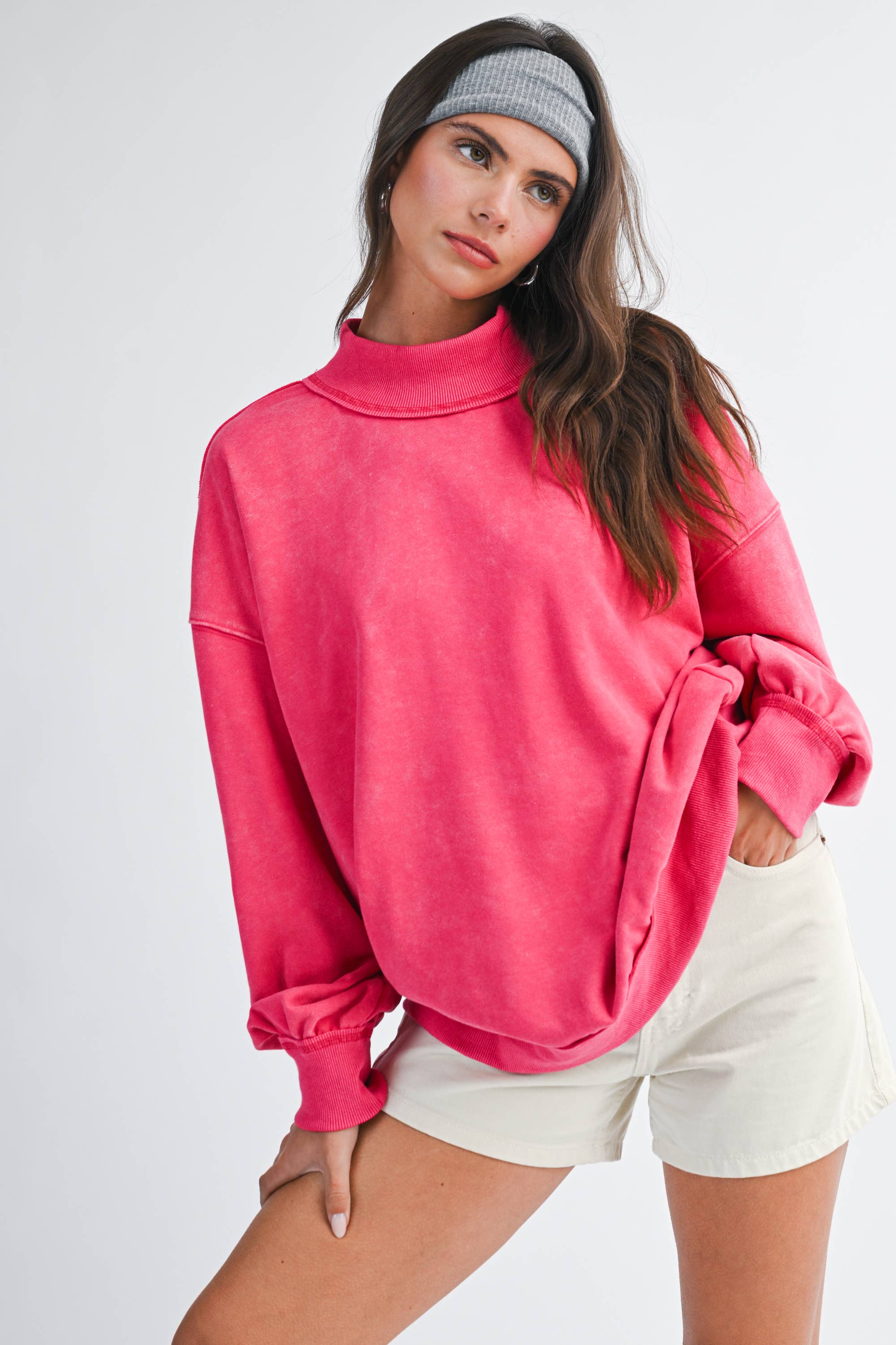 Oversized Mock Neck Washed Sweatshirt: Electric Pink