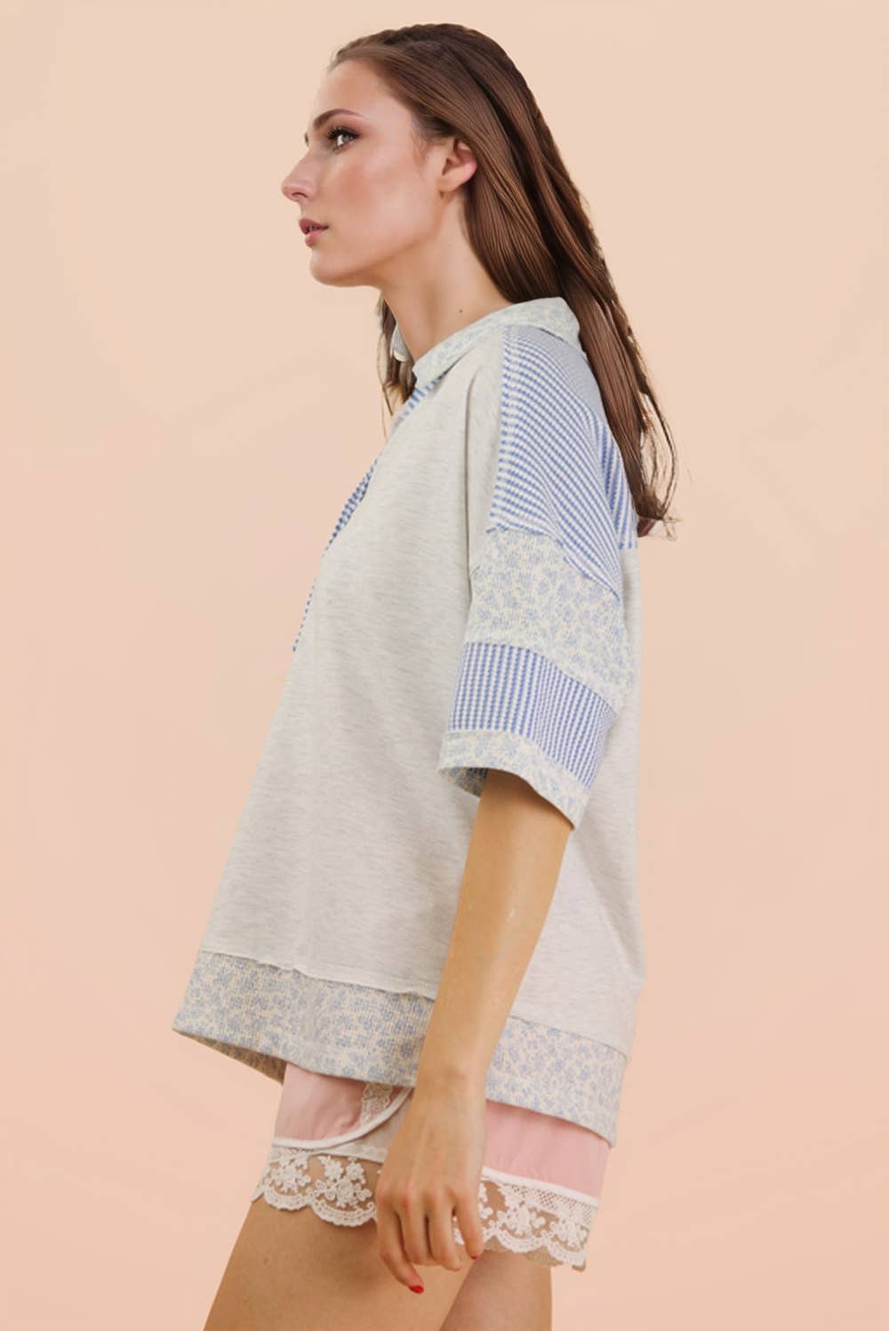 Oversized Half Button Down Collared Knit Top: SAGE