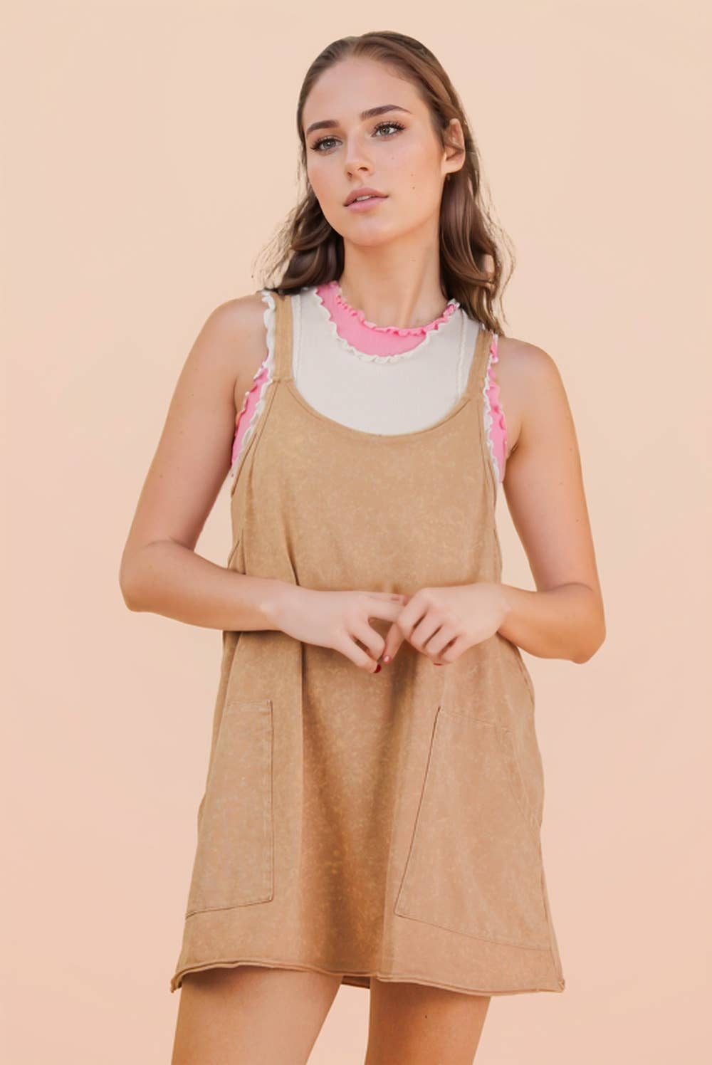 Mineral Washed Knit Mini Dress with Shorts Inside : HOT PINK