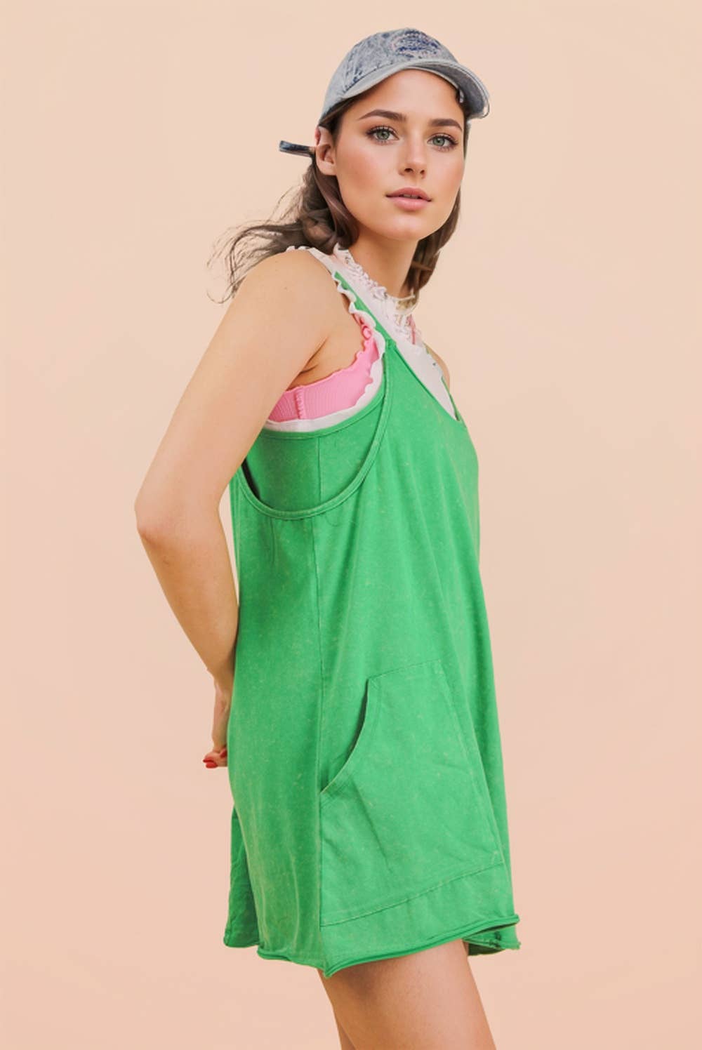 Mineral Washed Knit Mini Dress with Shorts Inside : HOT PINK