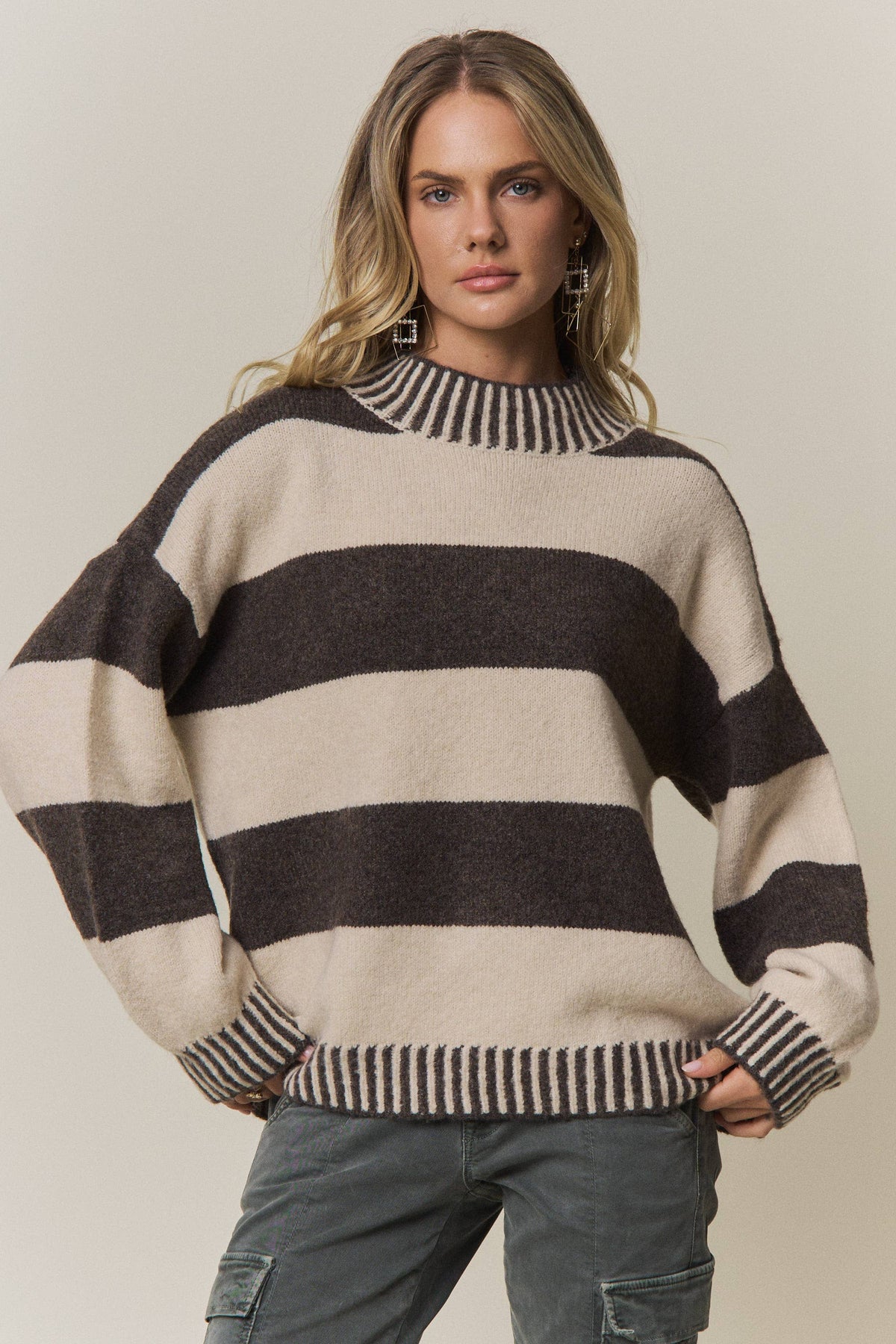 STRIPED MOCK NECK SWEATER