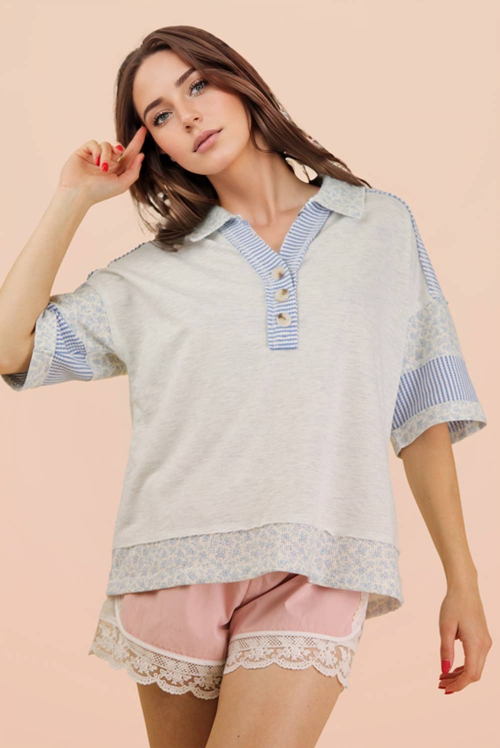 Oversized Half Button Down Collared Knit Top: SAGE