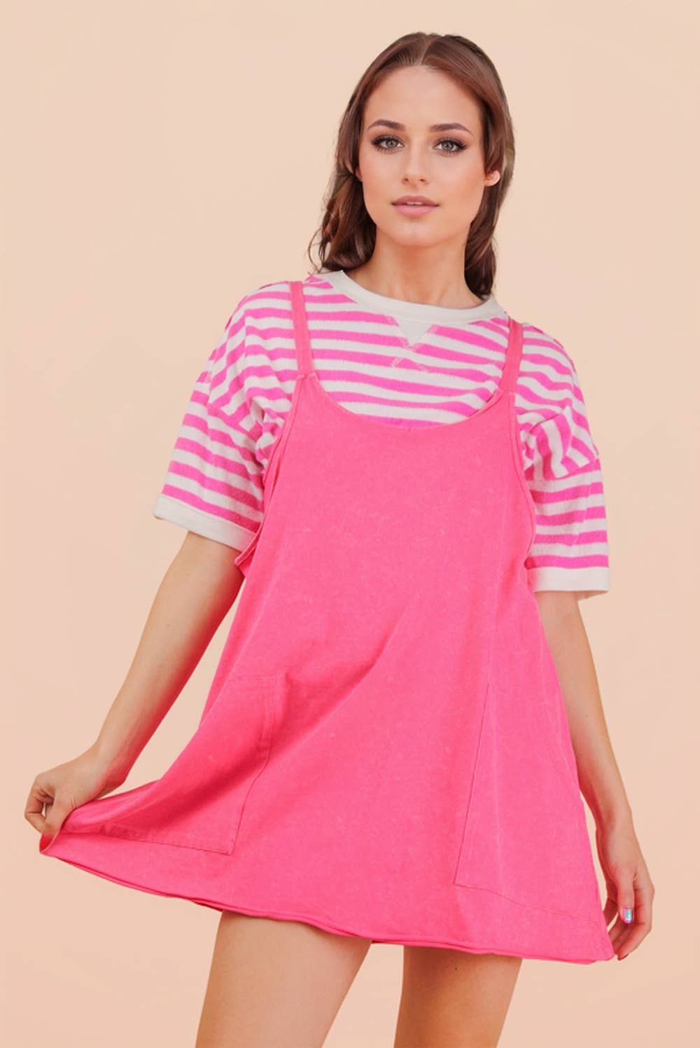 Mineral Washed Knit Mini Dress with Shorts Inside : HOT PINK