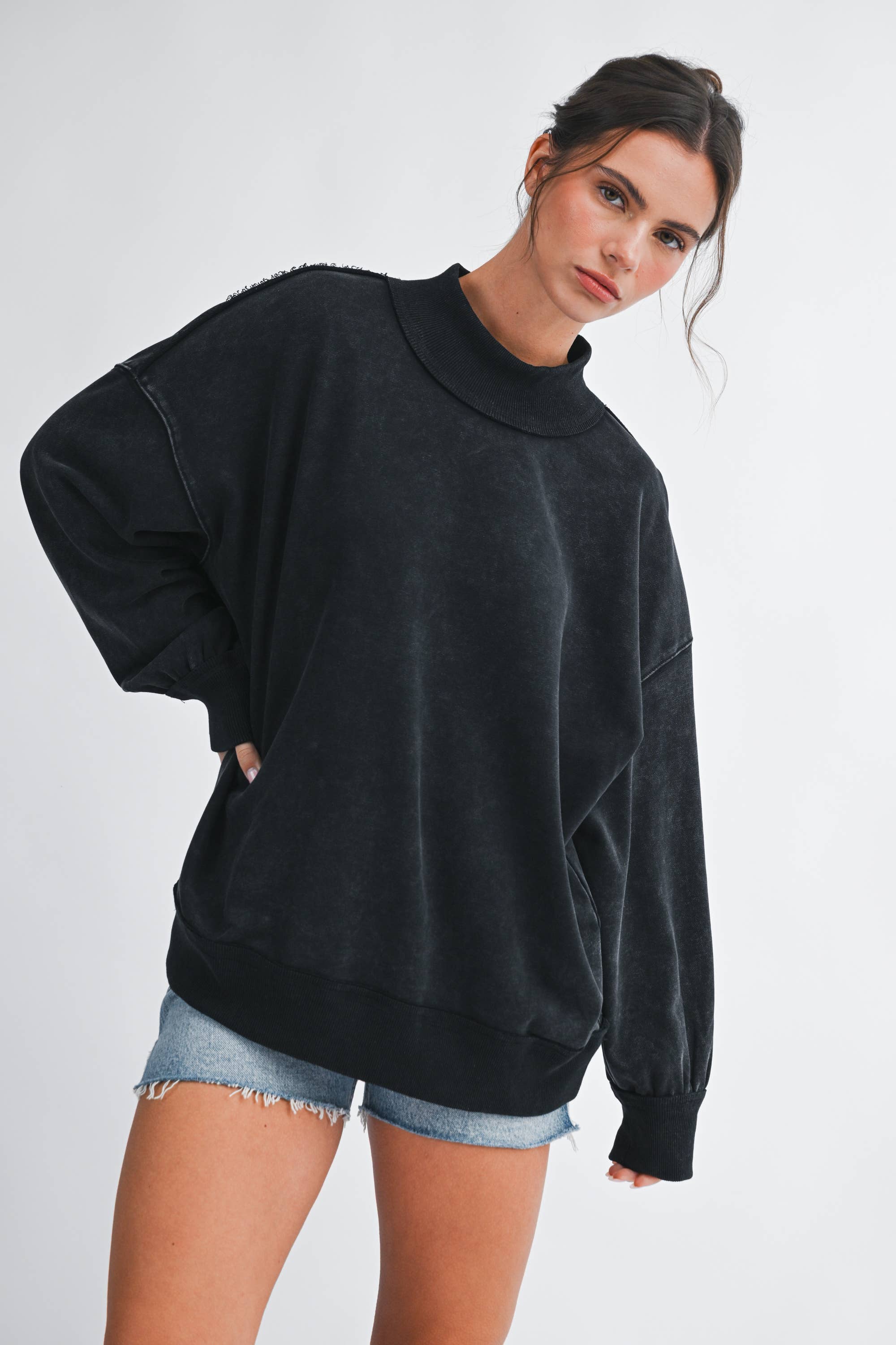 Oversized Mock Neck Washed Sweatshirt: Electric Pink