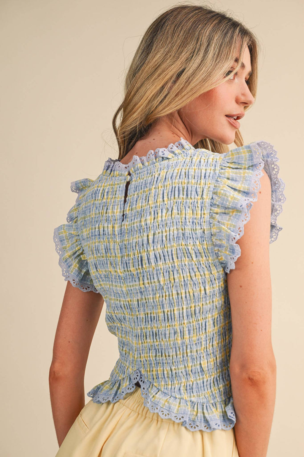 PLAID SMOCKED LACE TRIM TOP: BLUE MULTI CHECKER