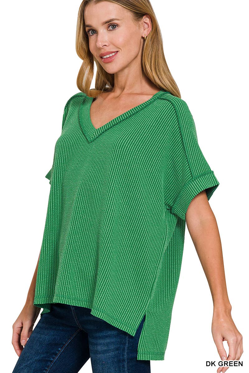 Corded Rib Short Sleeve Hi Low V Neck Top: BRIGHT BLUE