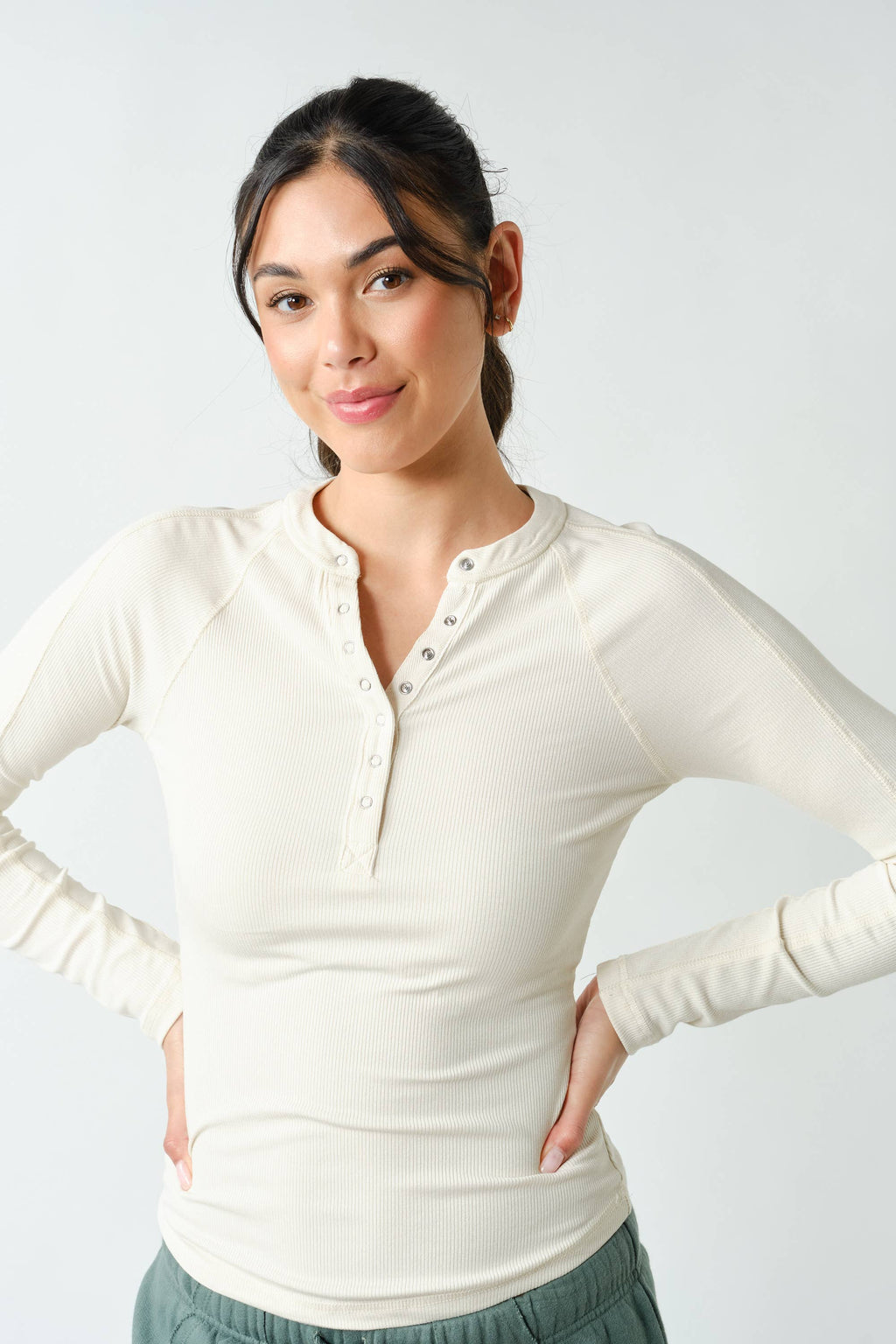 Essential Long-Sleeved Micro-Ribbed Henley Top: NATURAL