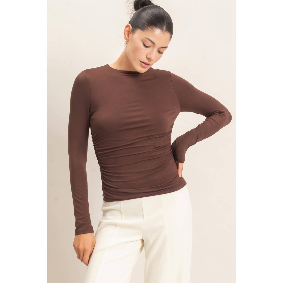 Ruched Long Sleeve Top: BLACK /