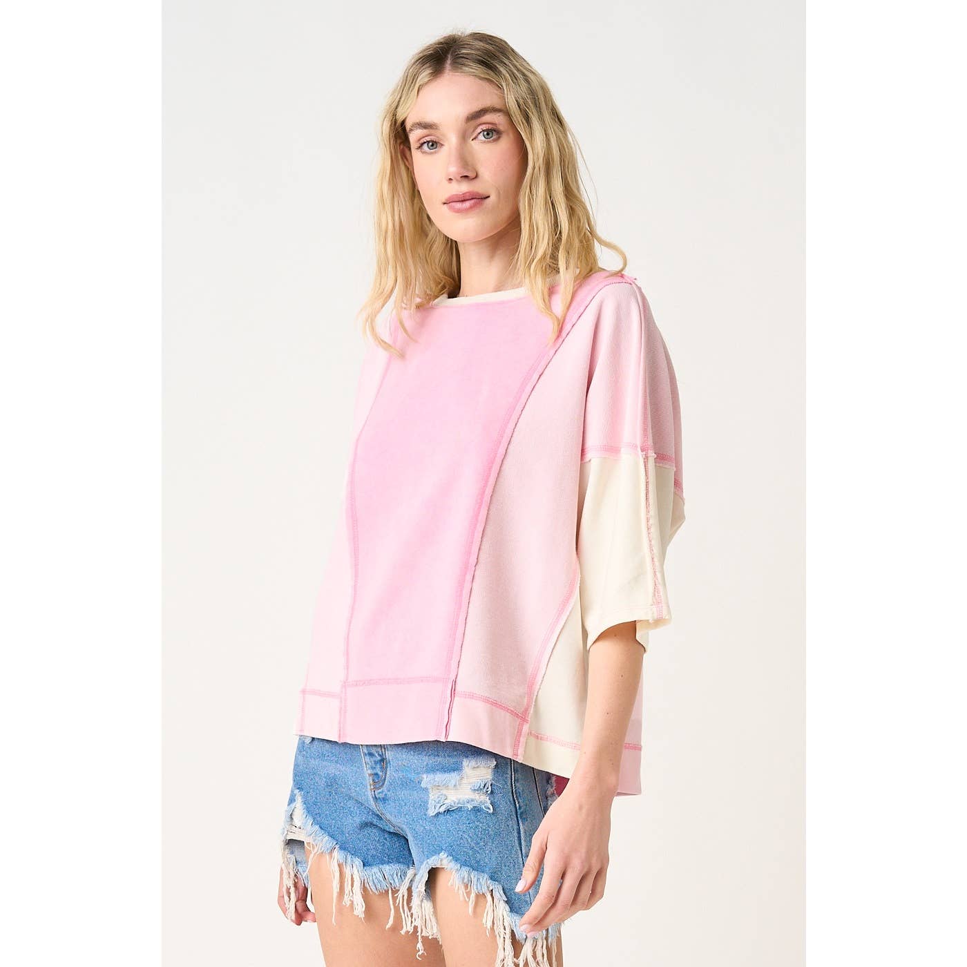 MINERAL WASH COLOR BLOCK RELAXED FIT SHORT SLEEVE TOP: SEAGLOW