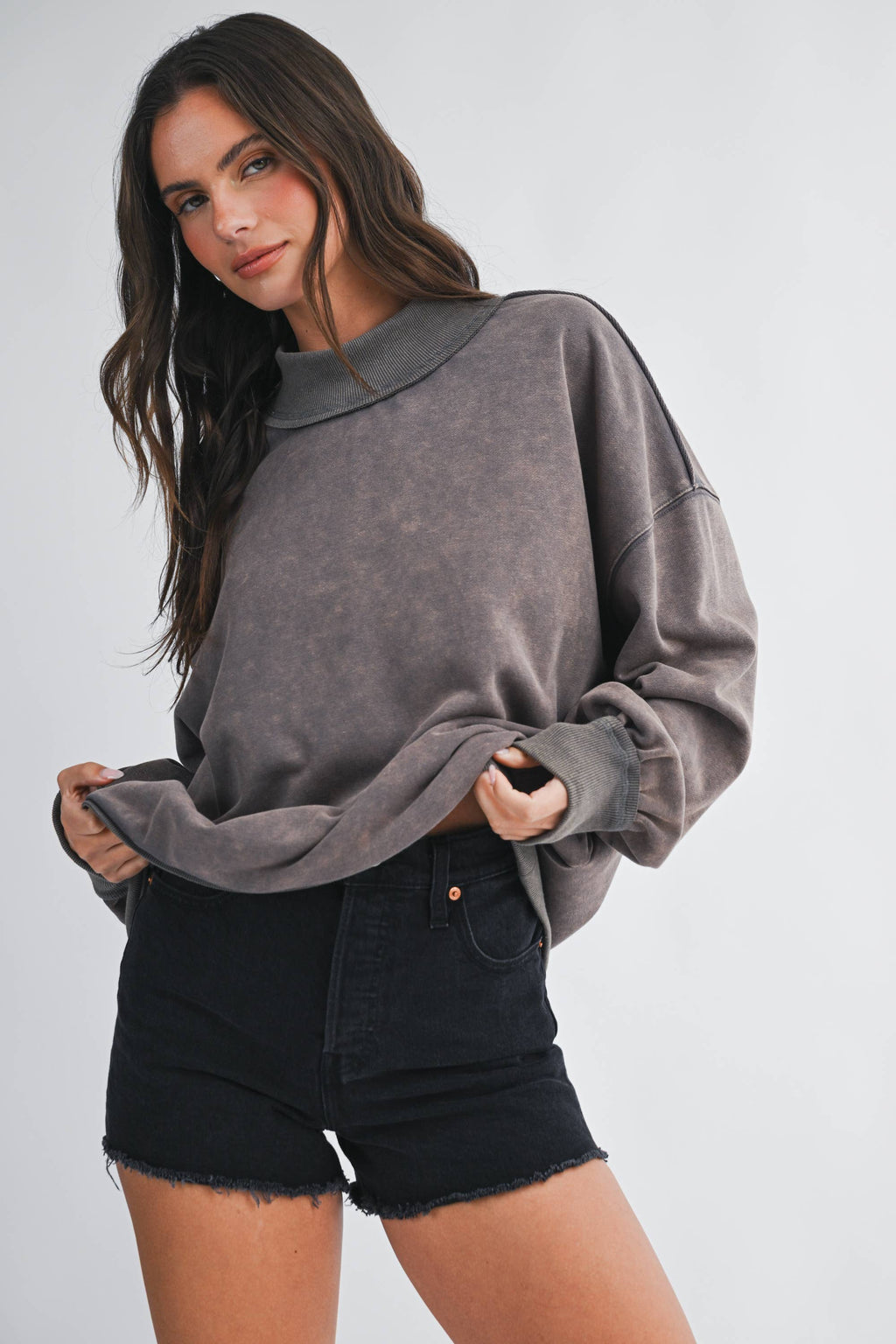 Oversized Mock Neck Washed Sweatshirt: Electric Pink