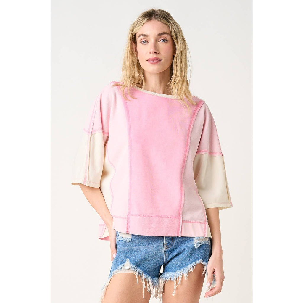 MINERAL WASH COLOR BLOCK RELAXED FIT SHORT SLEEVE TOP: SEAGLOW