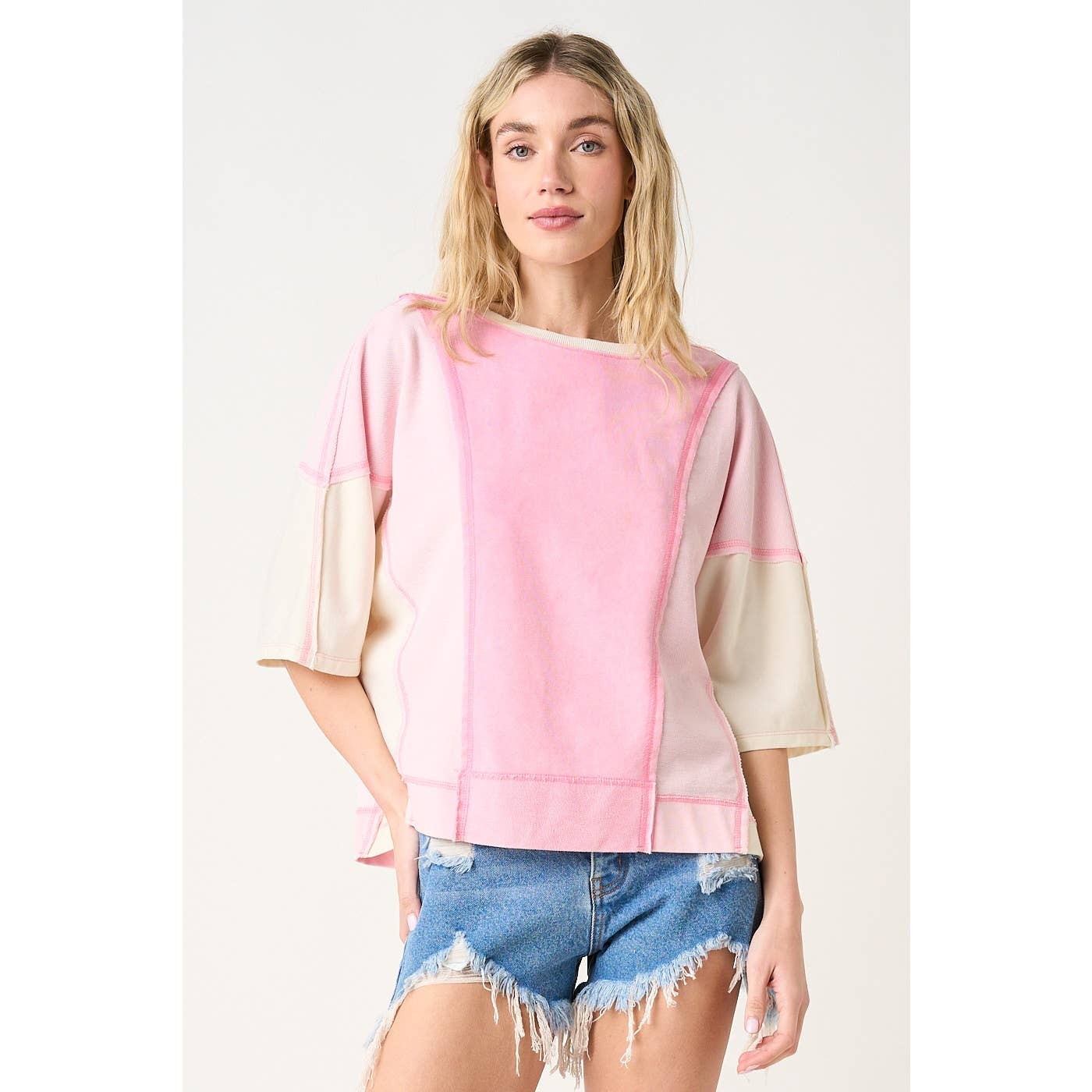 MINERAL WASH COLOR BLOCK RELAXED FIT SHORT SLEEVE TOP: SEAGLOW