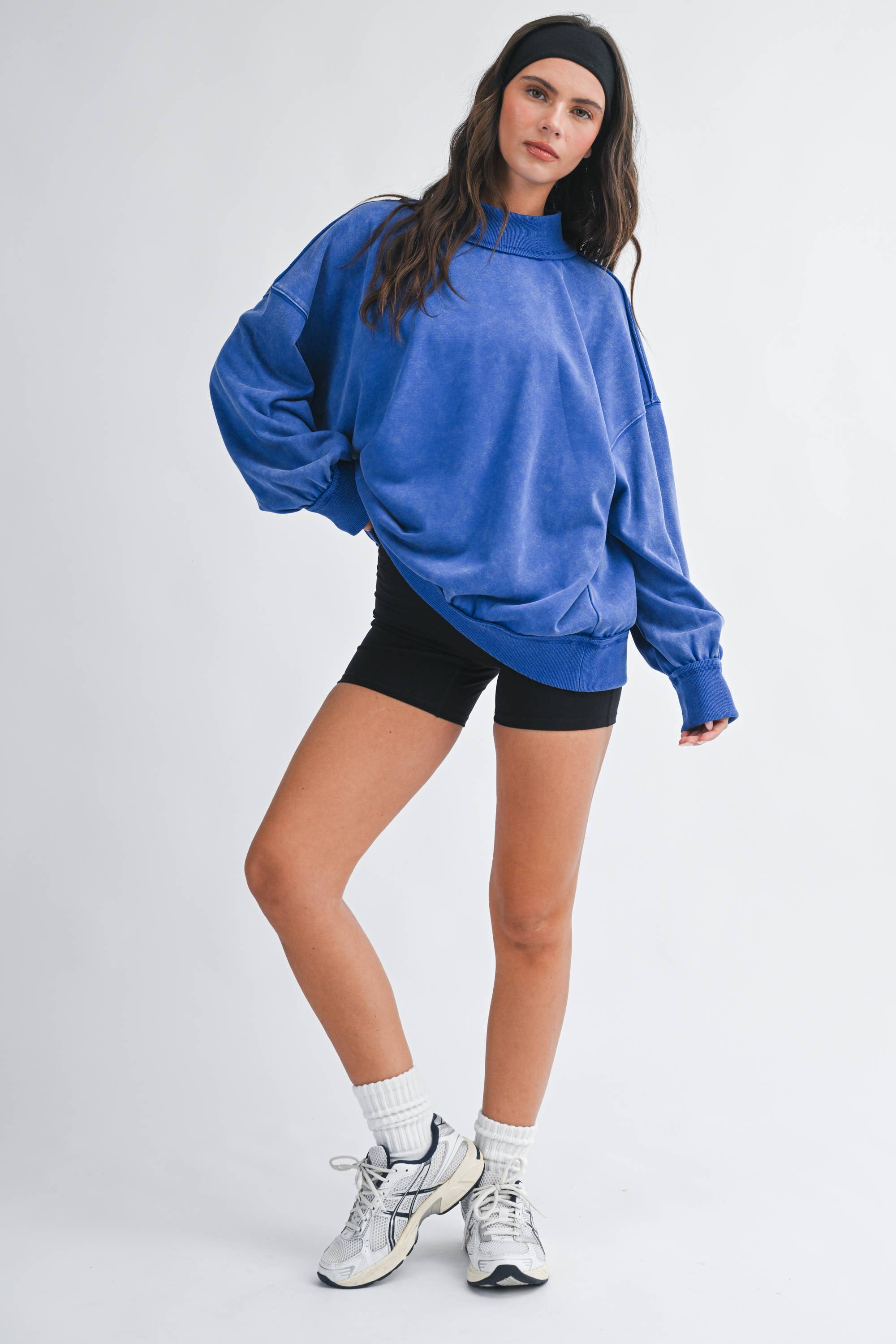 Oversized Mock Neck Washed Sweatshirt: Electric Pink