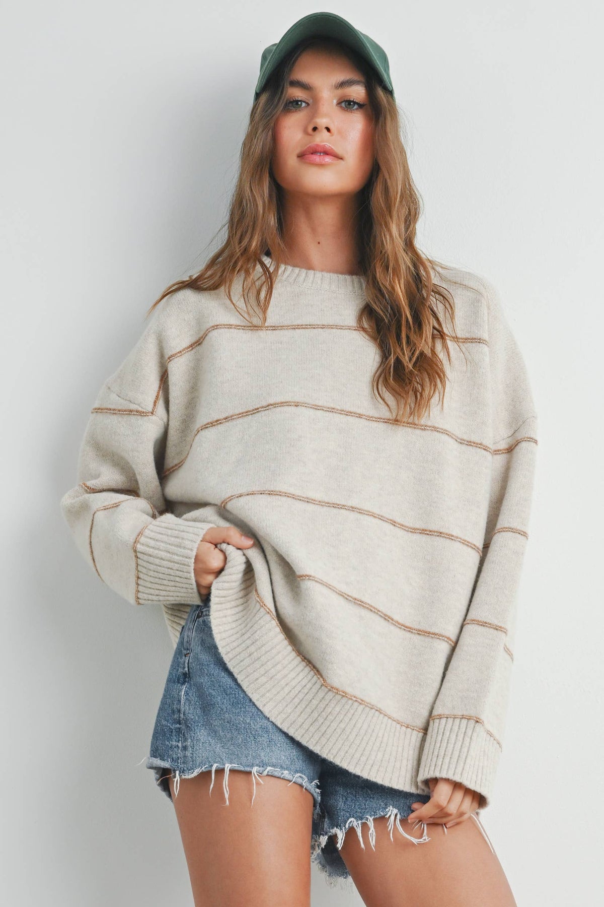 Striped Pattern Drop Shoulder Sweater - BMW7421: TAUPE MULTI / M
