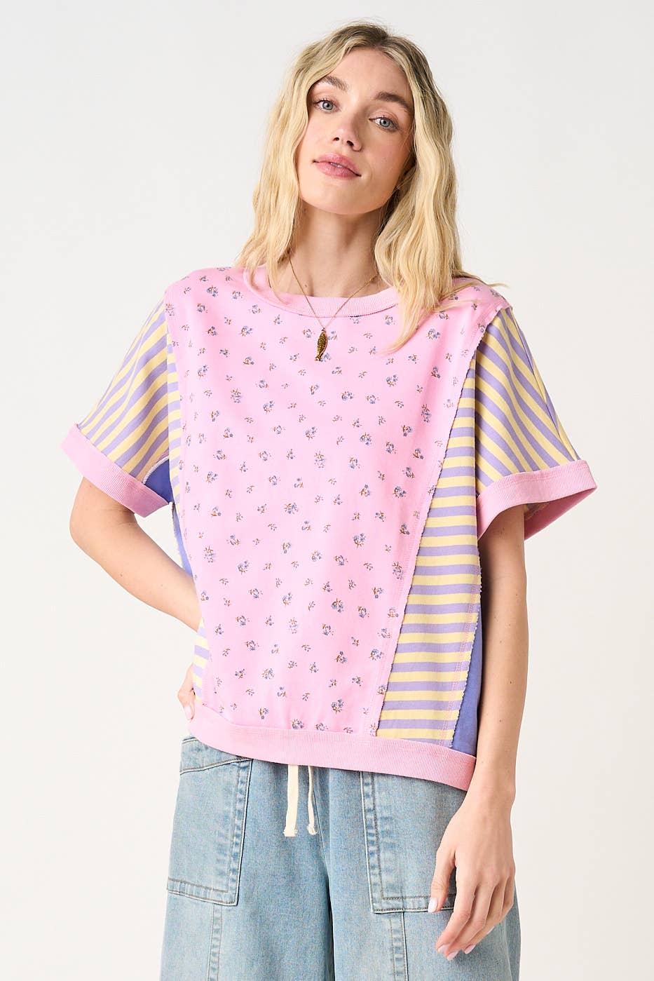 PATCHWORK COLOR BLOCK SHORT SLEEVE TOP: CREAM